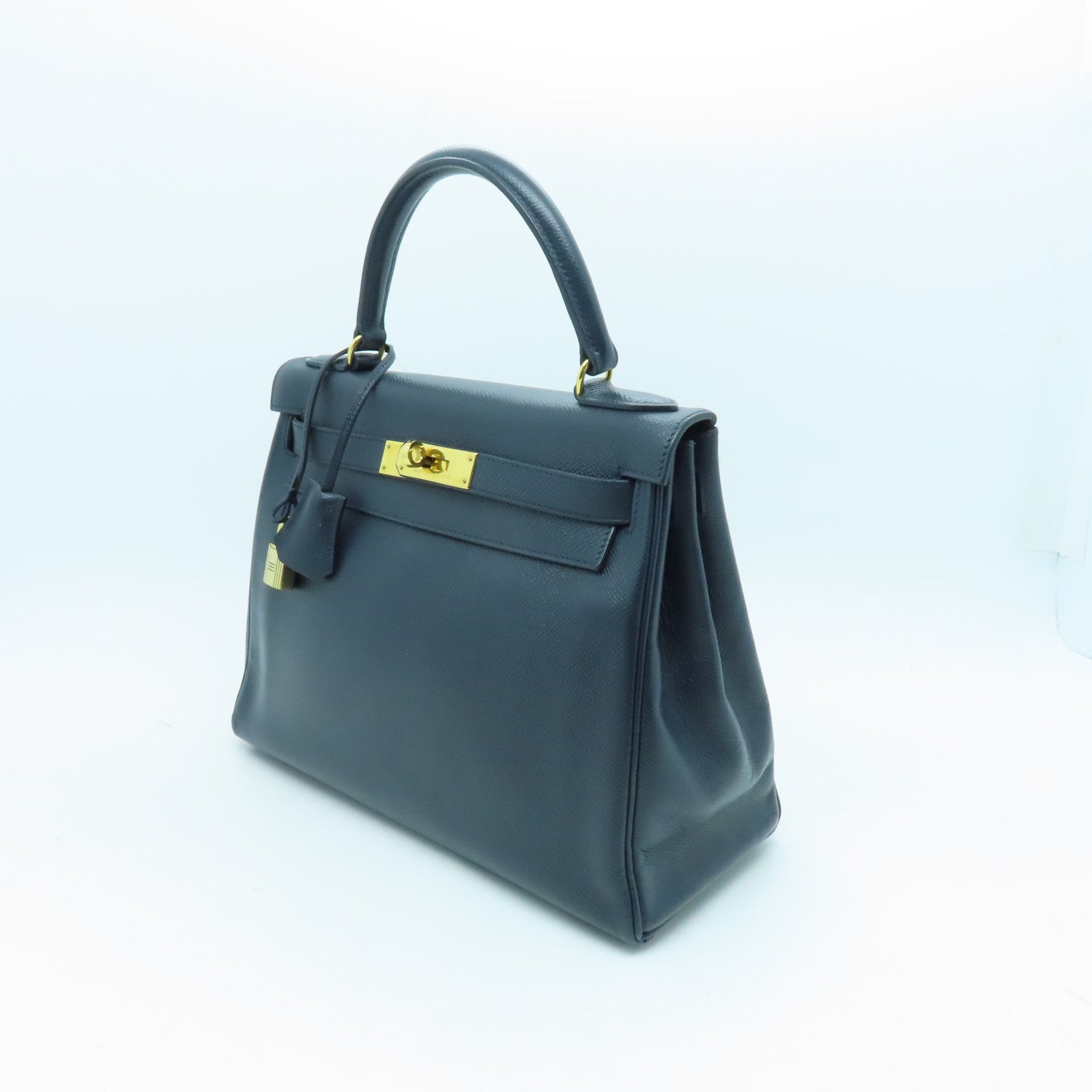 HERMES Epsom皮革Kelly 28金扣手挽袋藍色