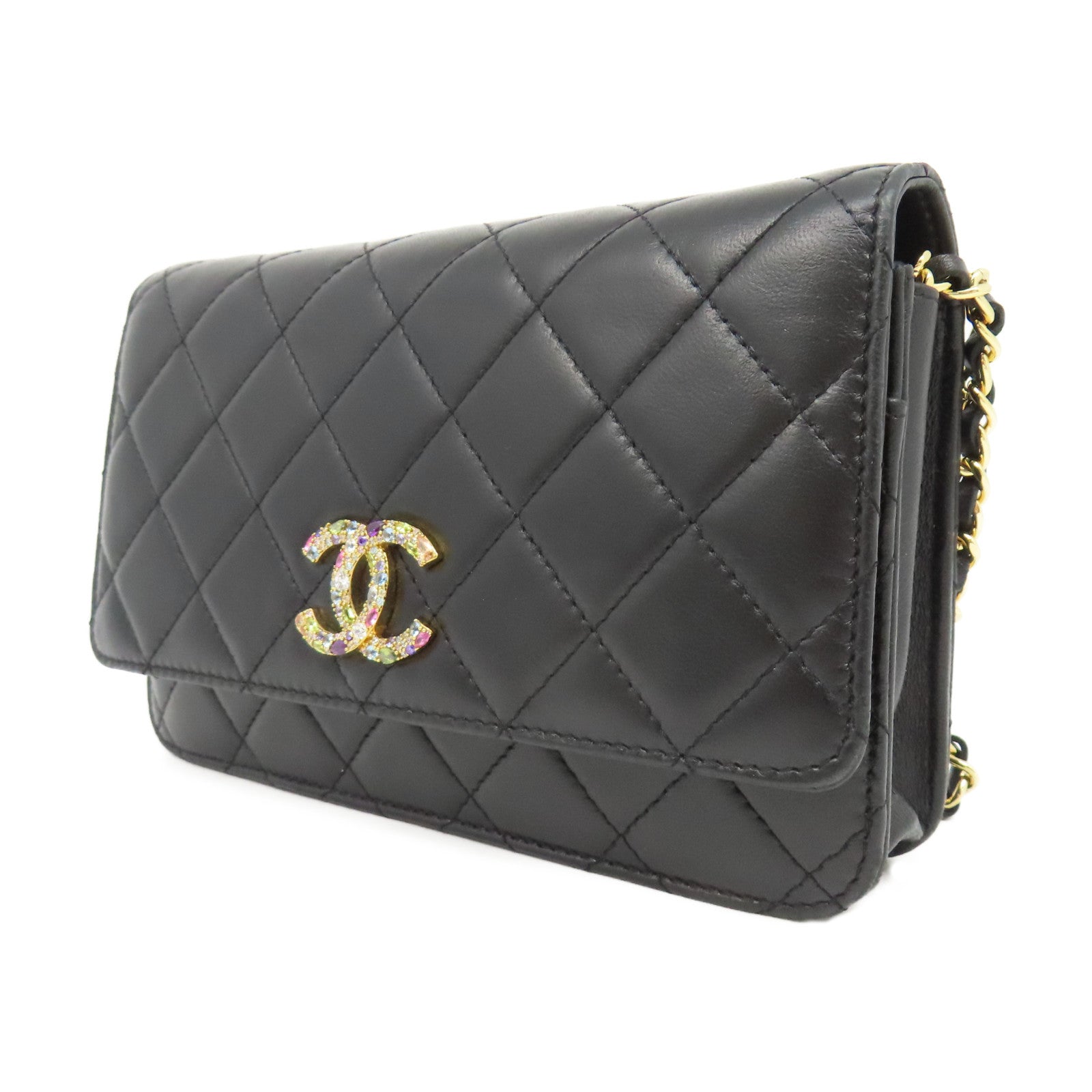 CHANEL 菱格羊皮皮革Chain Shoulder金扣鏈帶肩背袋黑色