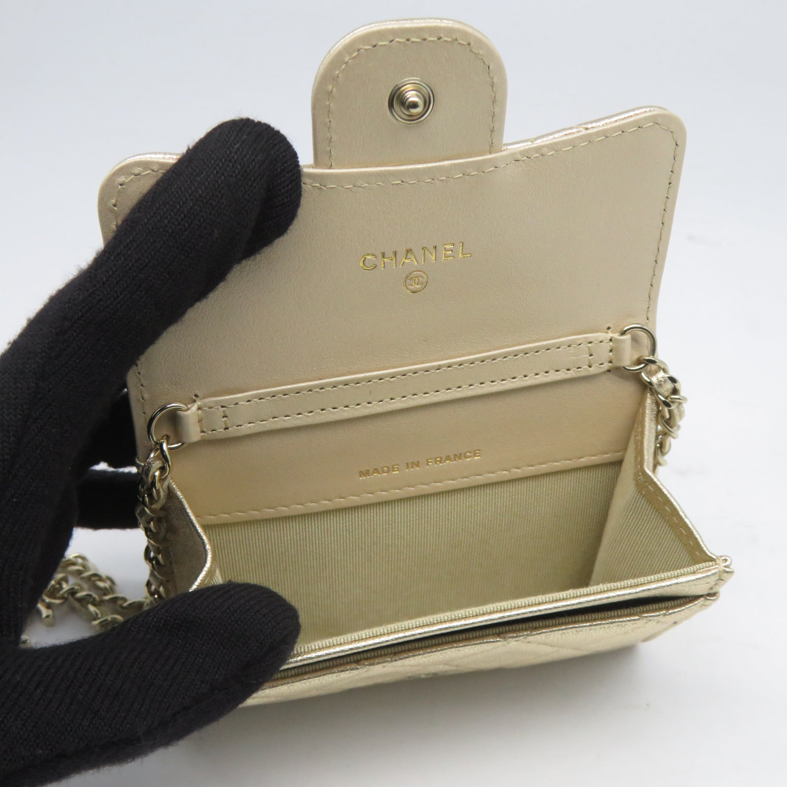 CHANEL 菱格羊皮皮革Card Case Waist Bag金扣鏈帶卡片套金色