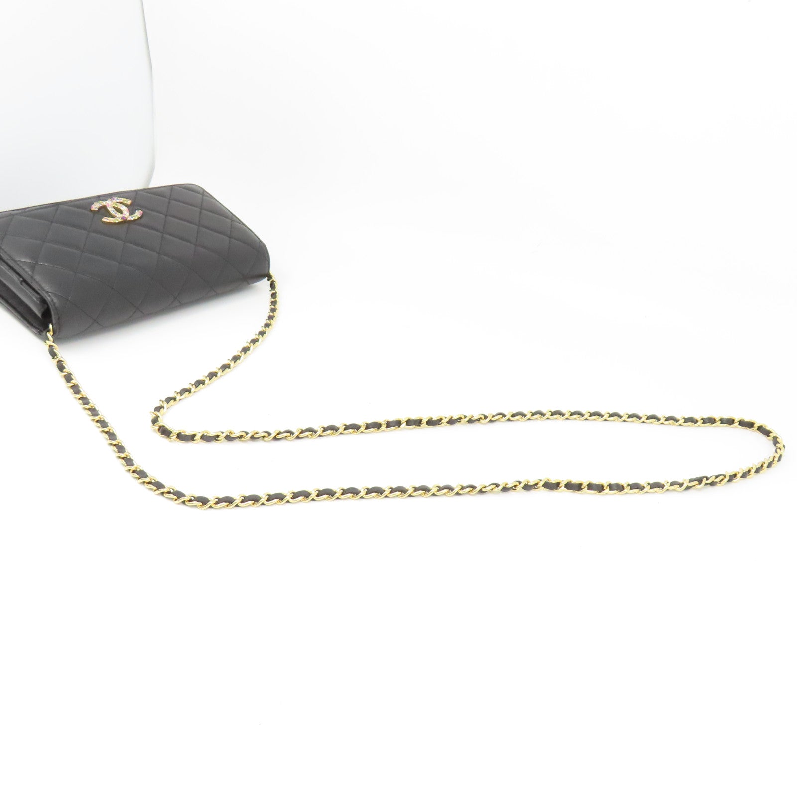 CHANEL 菱格羊皮皮革Chain Shoulder金扣鏈帶肩背袋黑色