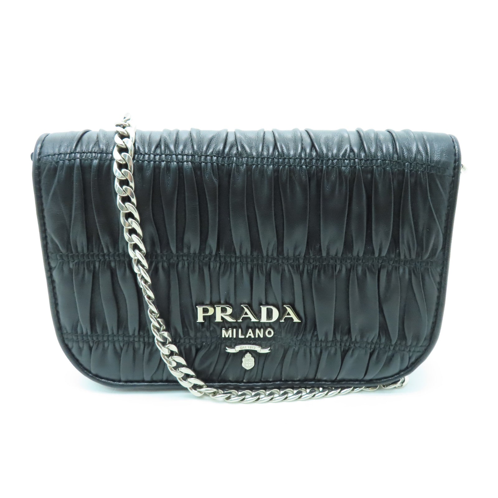 PRADA Nappa Gaufre皮革Shoulder Bag銀扣鏈帶肩背袋黑色