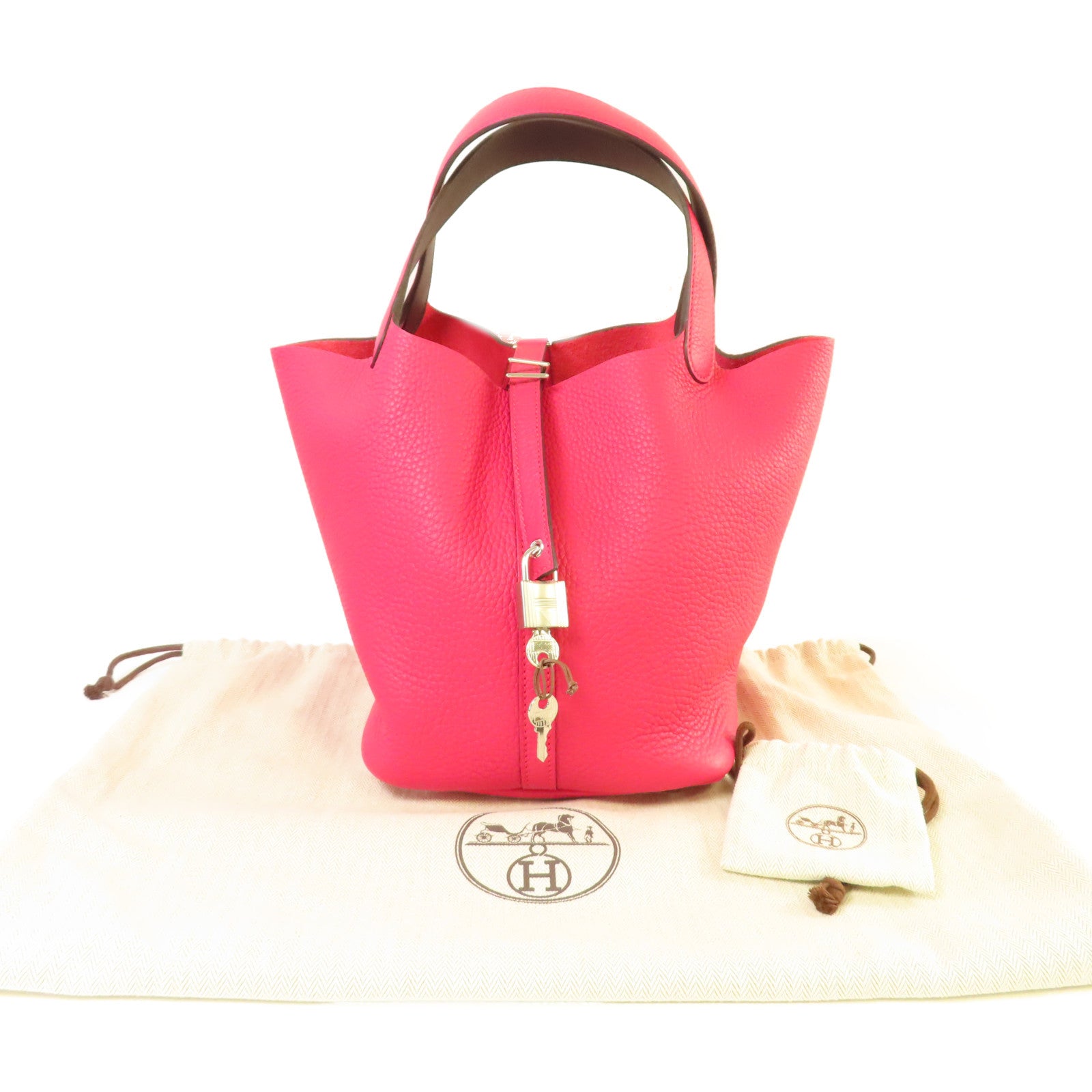 HERMES Clemence皮革Picotin MM Tote Bag銀扣手挽袋Framboise覆盆子粉紅色
