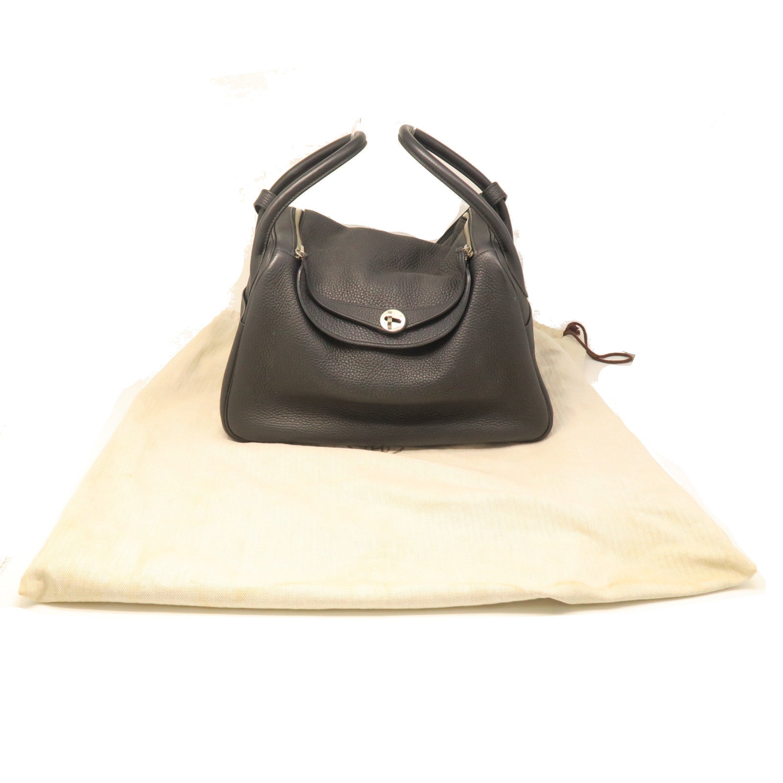 HERMES Taurillon Clemence Leather Lindy 34 Silver Buckle Handle Shoulder Backpack Black