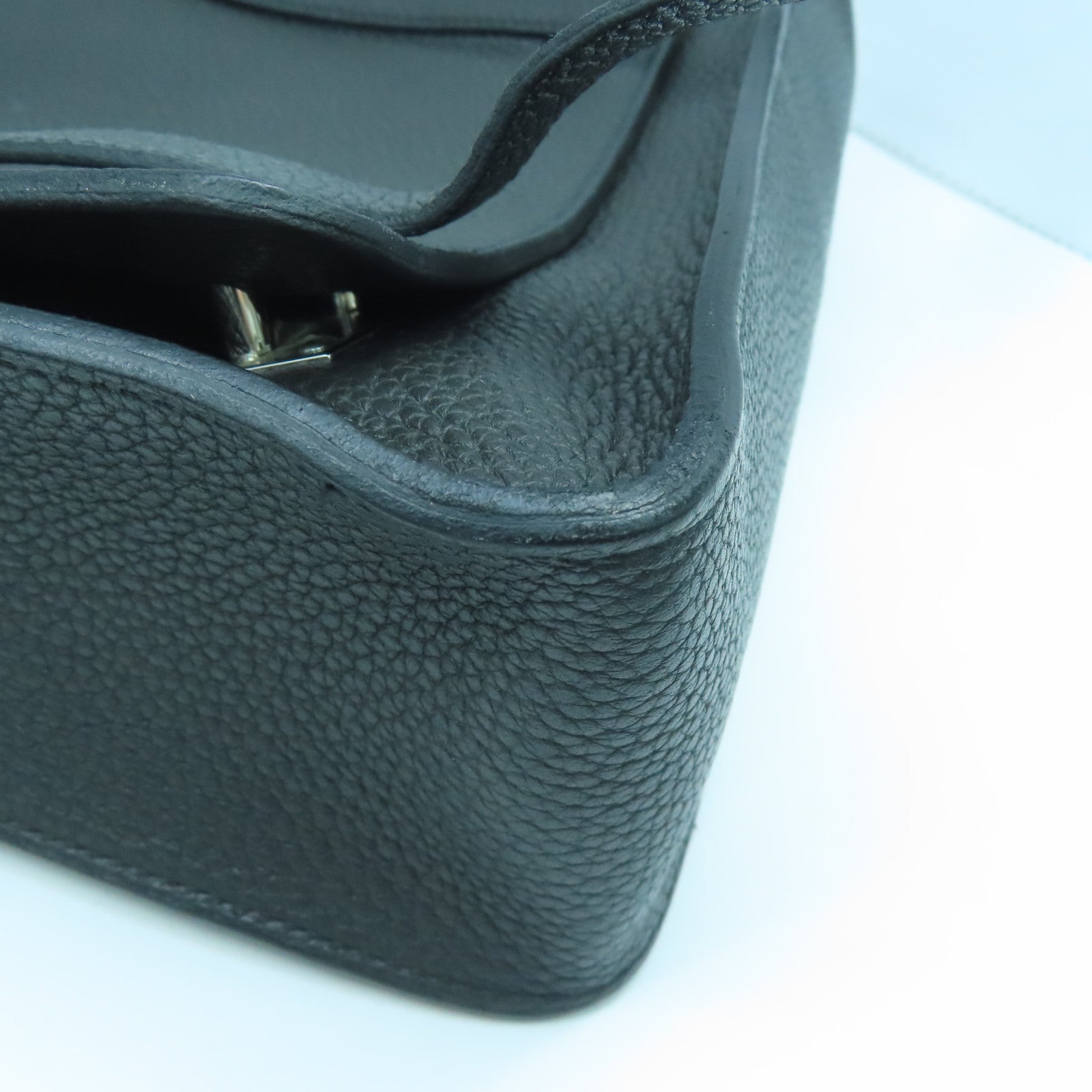 HERMES Taurillon Clemence Leather Steve Silver Buckle Shoulder Bag Black