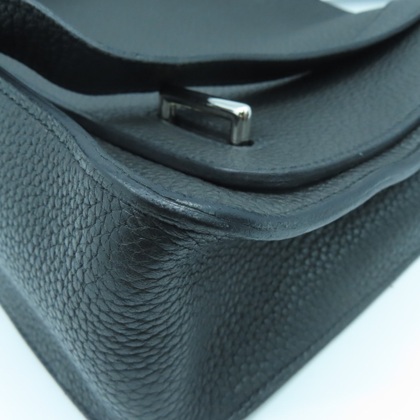 HERMES Taurillon Clemence Leather Steve Silver Buckle Shoulder Bag Black