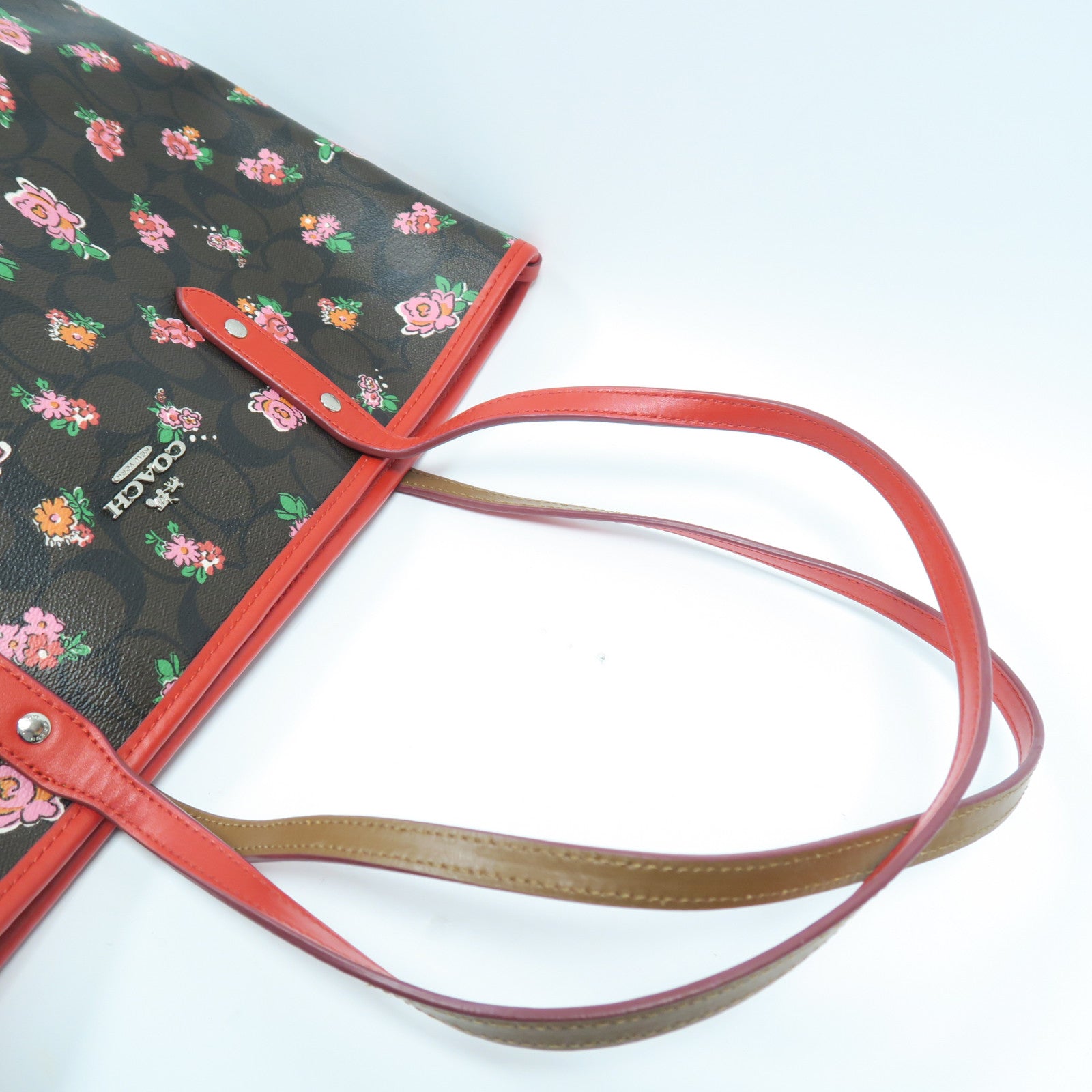 COACH 塗層帆布Tote Bag銀扣肩背袋啡色/紅色