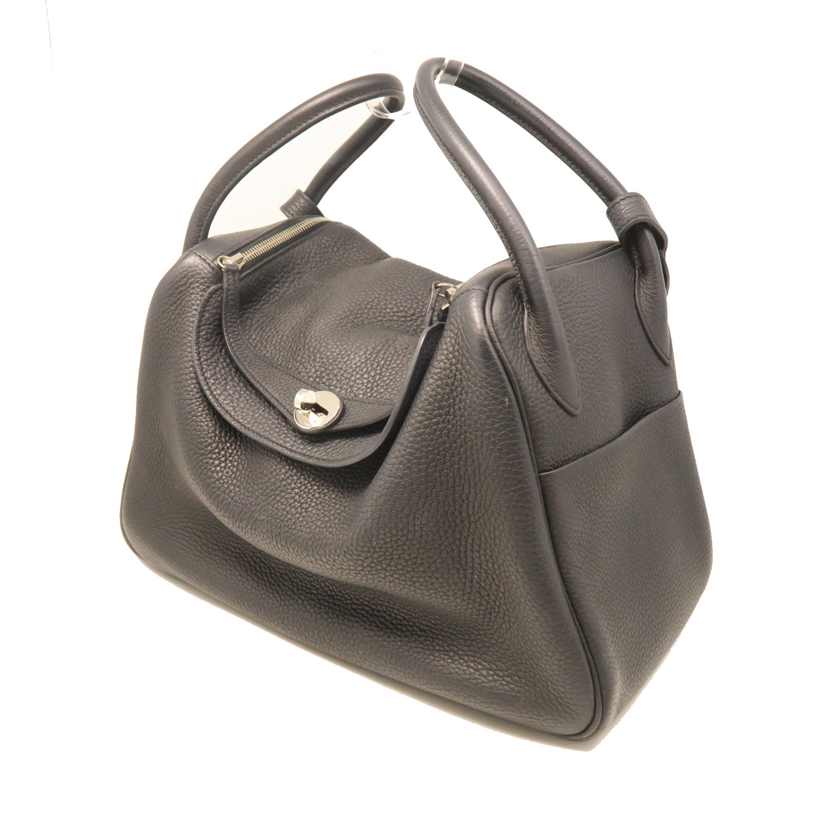 HERMES Taurillon Clemence Leather Lindy 34 Silver Buckle Handle Shoulder Backpack Black