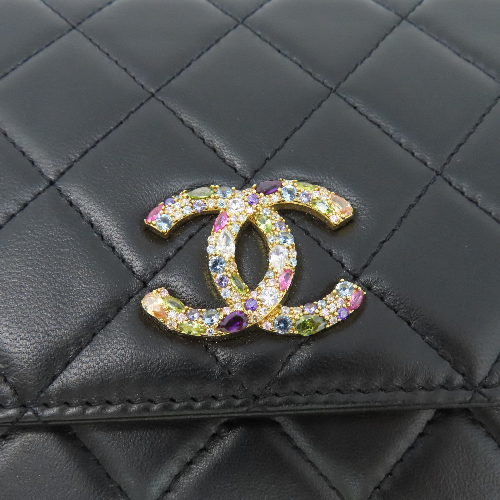 CHANEL 菱格羊皮皮革Chain Shoulder金扣鏈帶肩背袋黑色