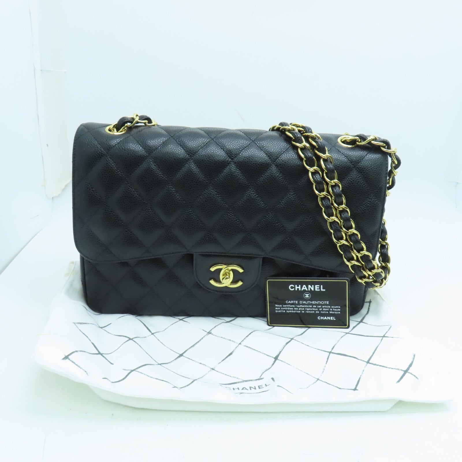 CHANEL 菱格牛皮皮革Jumbo Shoulder Bag金扣鏈帶肩背袋黑色