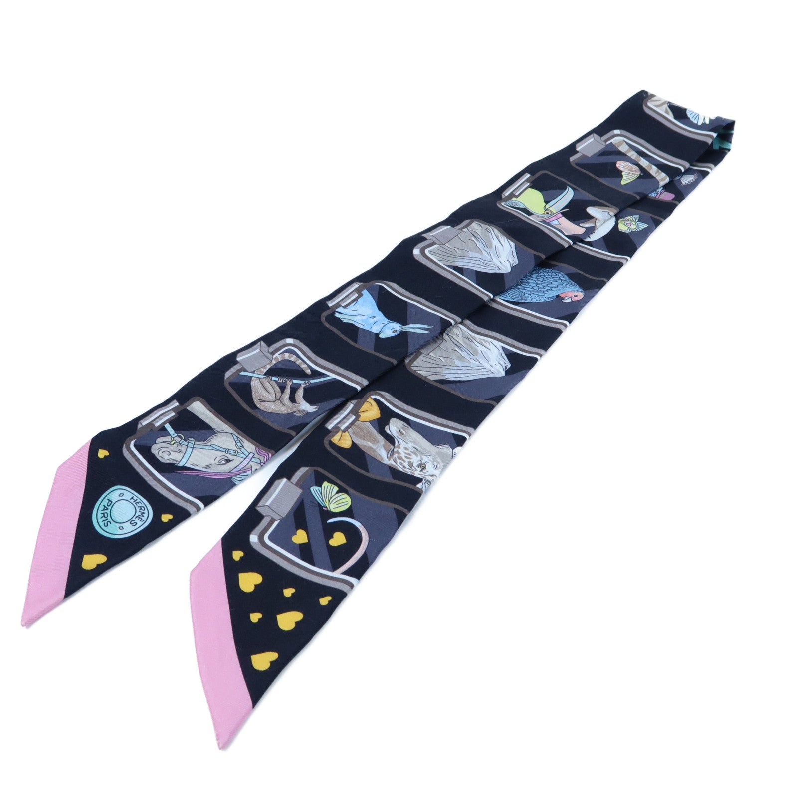 HERMES 絲質Twilly Scarf絲巾深藍色/粉紅色