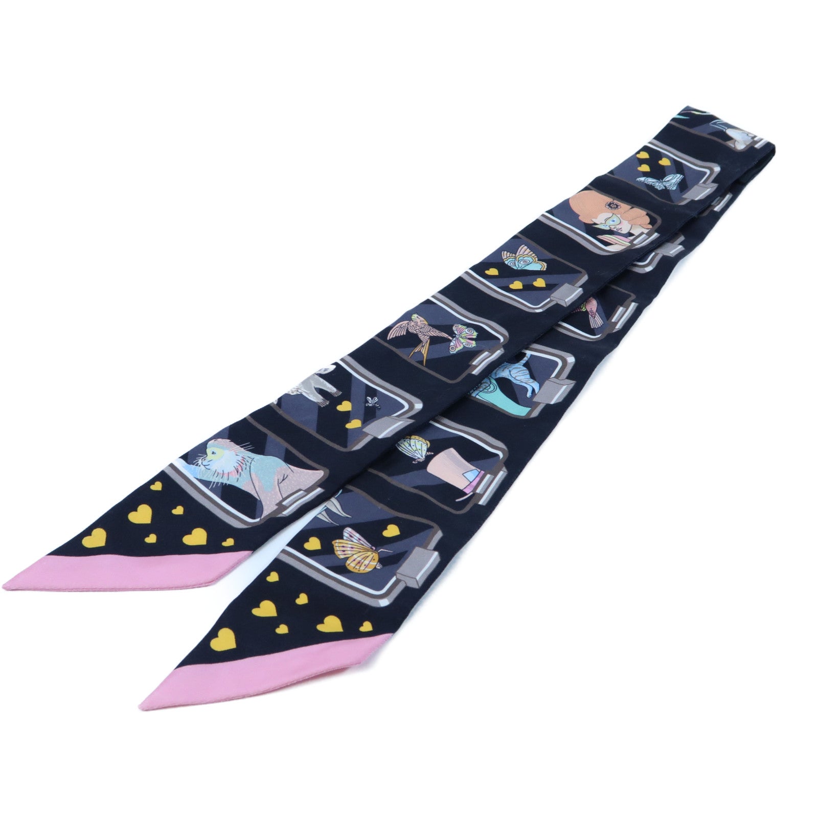 HERMES 絲質Twilly Scarf絲巾深藍色/粉紅色