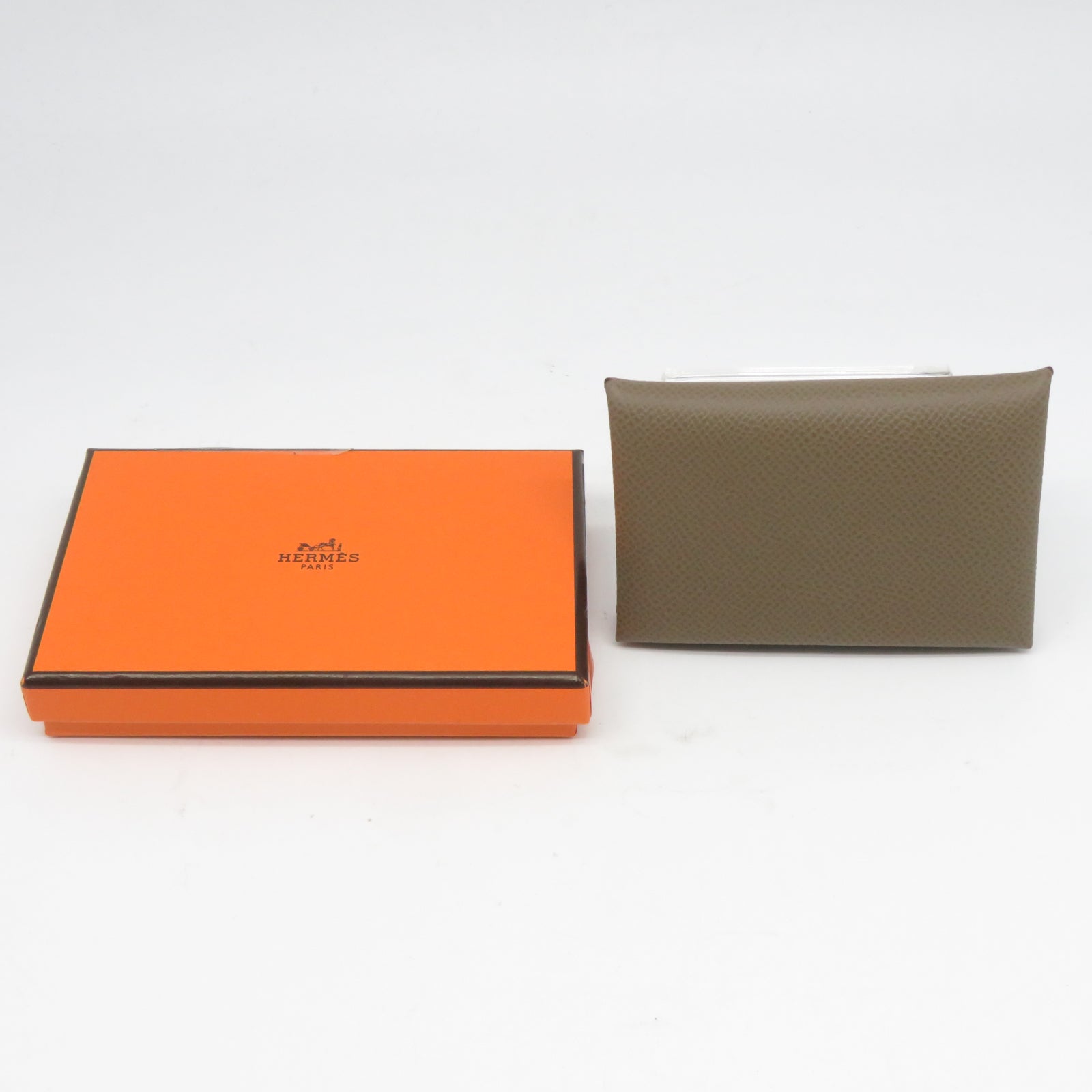 HERMES Epsom皮革Calvi銀扣卡片套Etoupe大象灰色