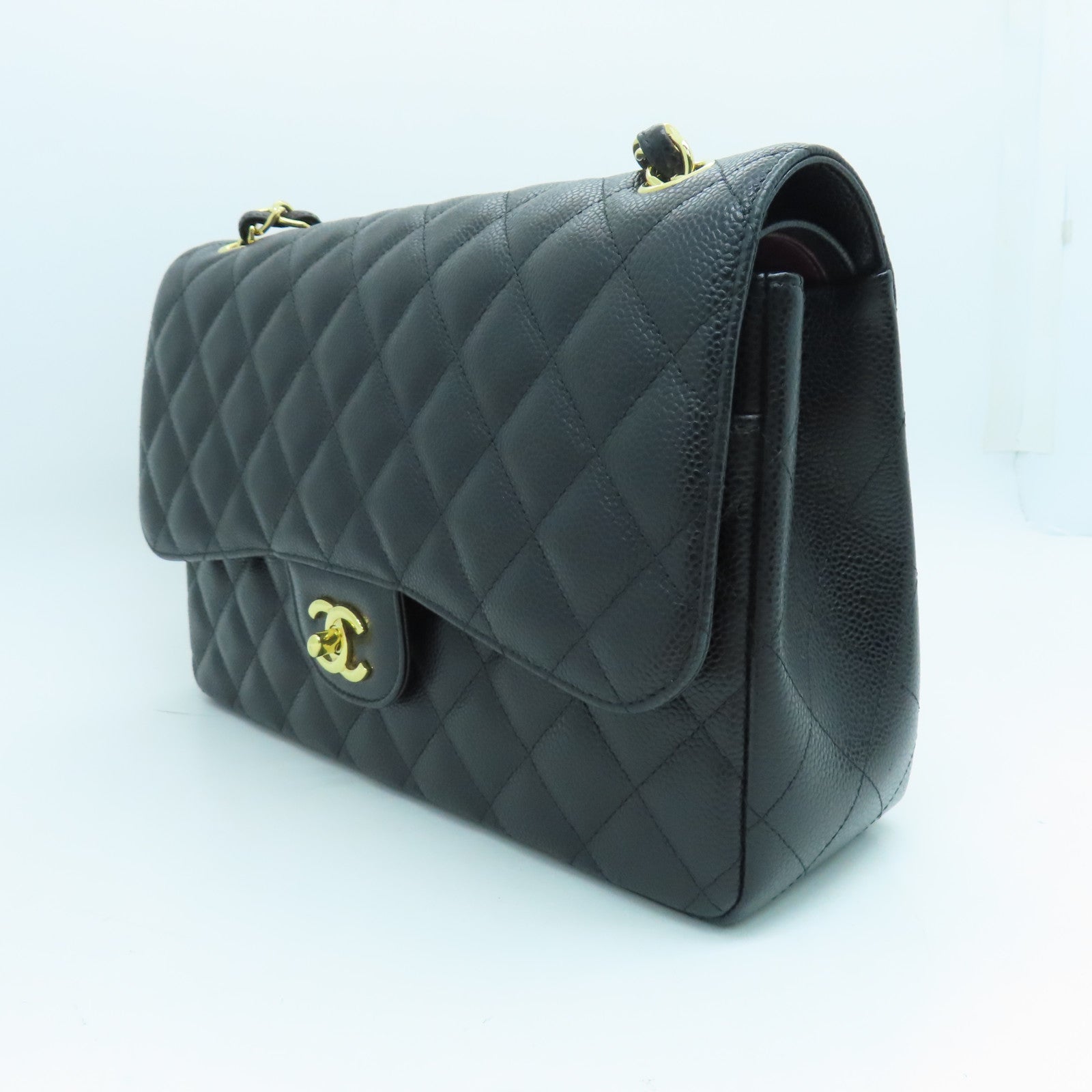 CHANEL 菱格牛皮皮革Jumbo Shoulder Bag金扣鏈帶肩背袋黑色