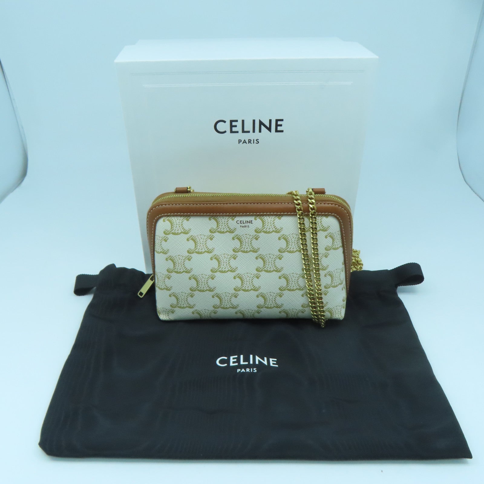 CELINE Coated Canvas Triomphe Gold Buckle Shoulder Bag White