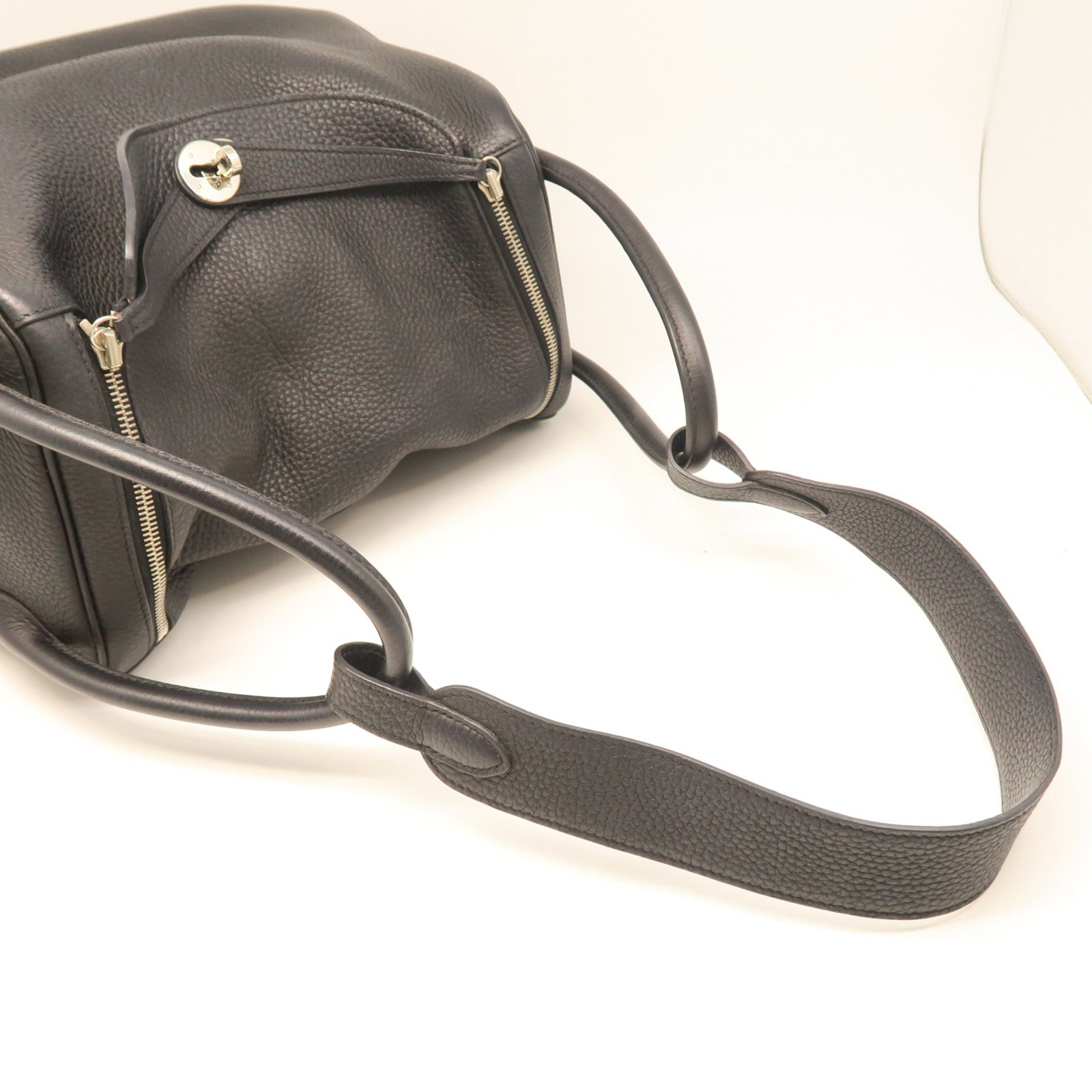 HERMES Taurillon Clemence Leather Lindy 34 Silver Buckle Handle Shoulder Backpack Black