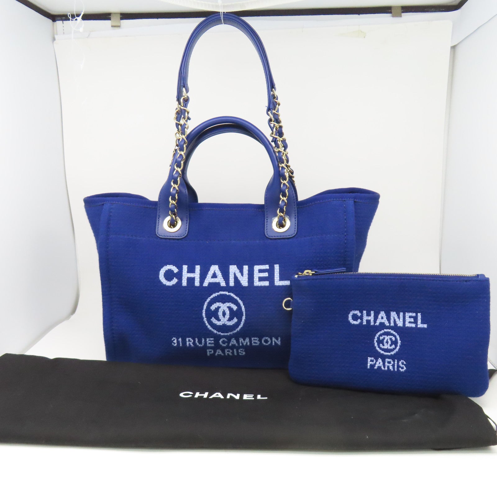 CHANEL 帆布Deauville銀扣手挽肩背兩用袋藍色