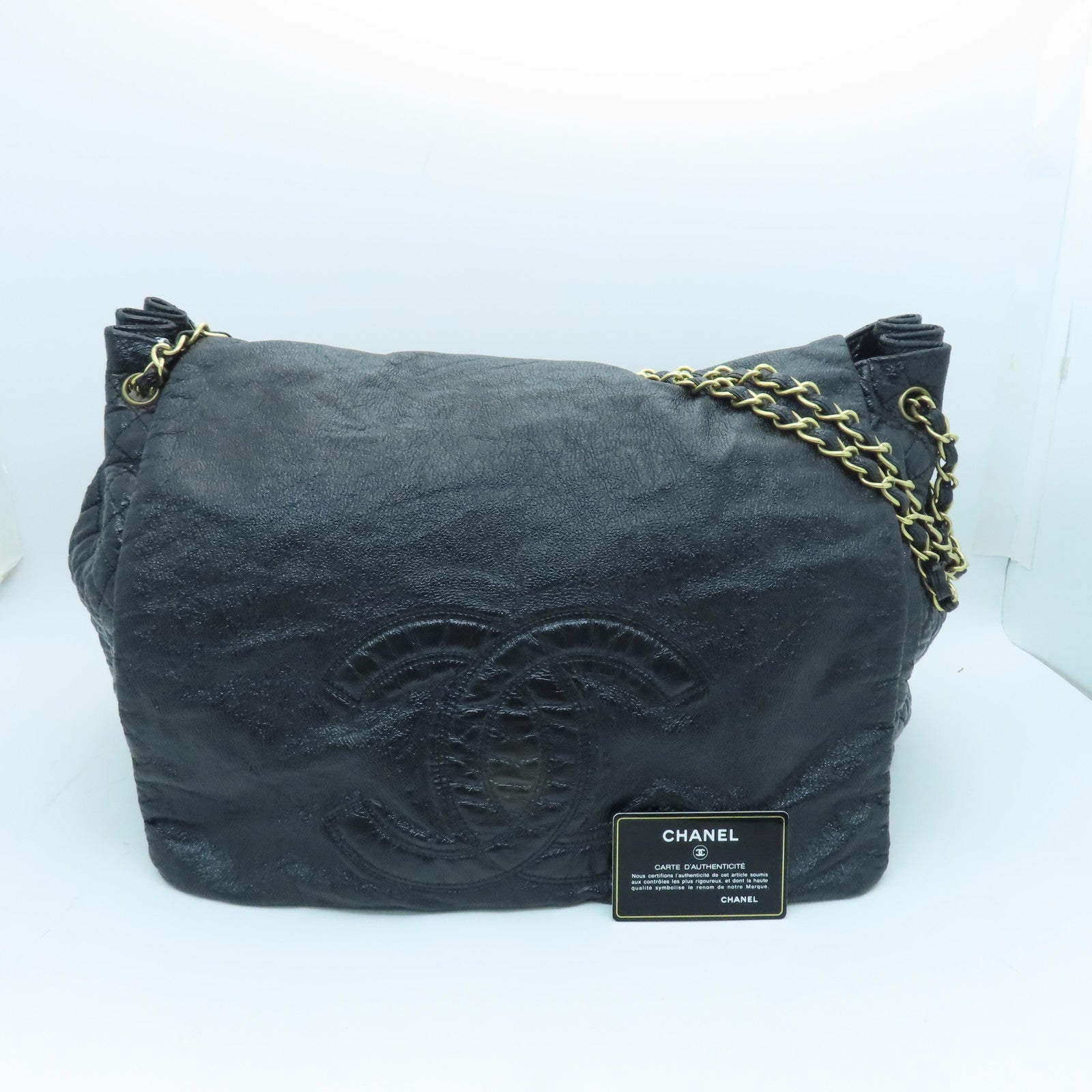 CHANEL coated canvas Chain Shoulder Bag gold buckle chain shoulder bag black