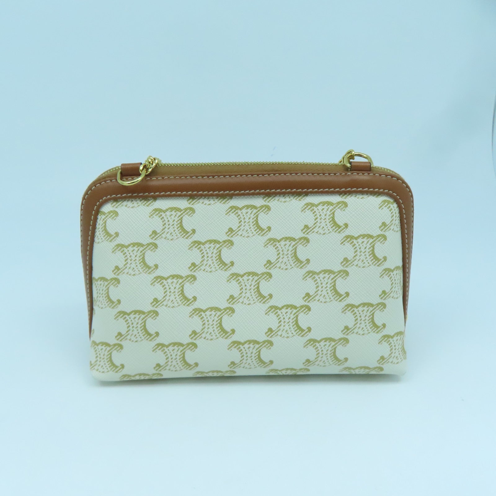 CELINE Coated Canvas Triomphe Gold Buckle Shoulder Bag White