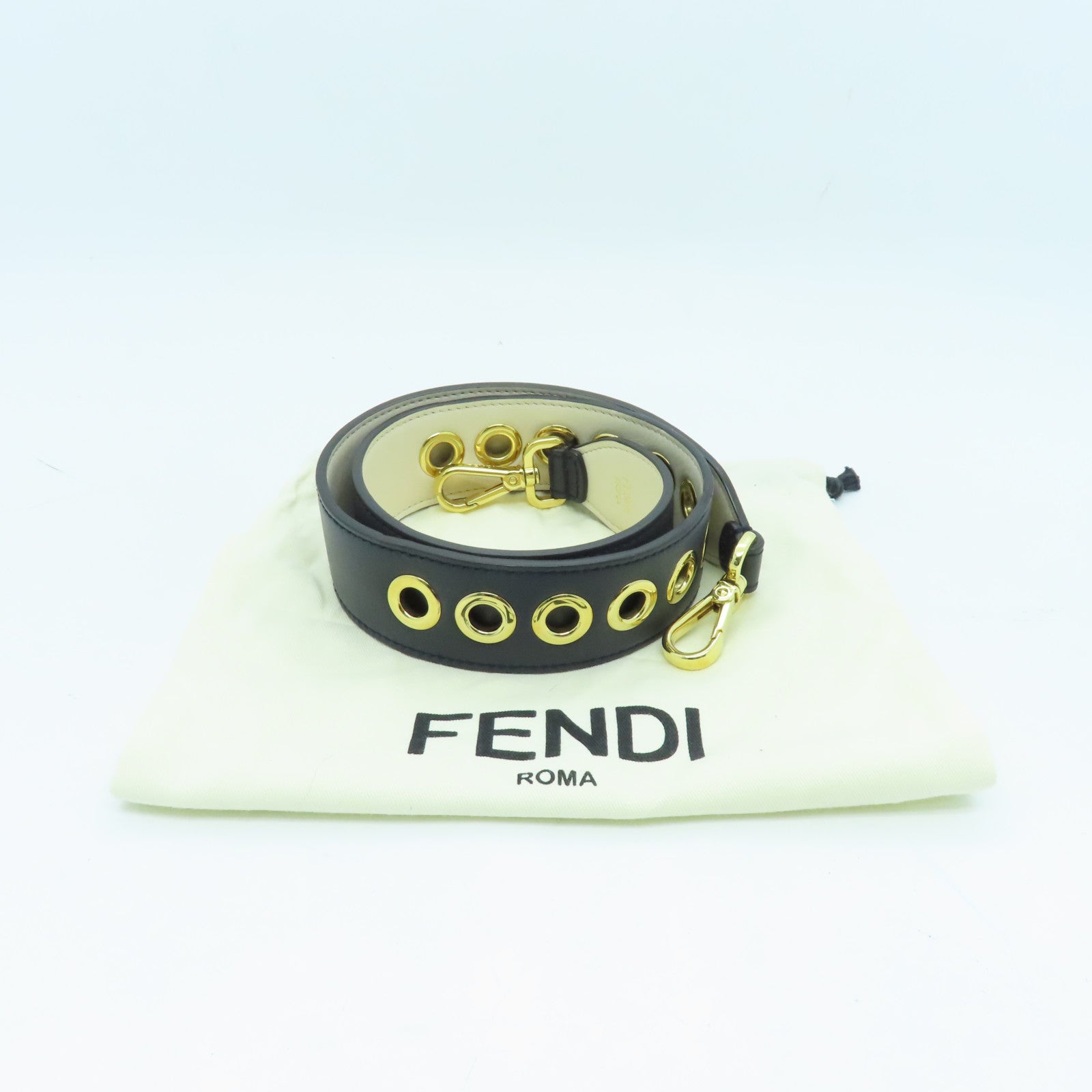 FENDI 牛皮皮革Shoulder Strap金扣肩背帶黑色/米色