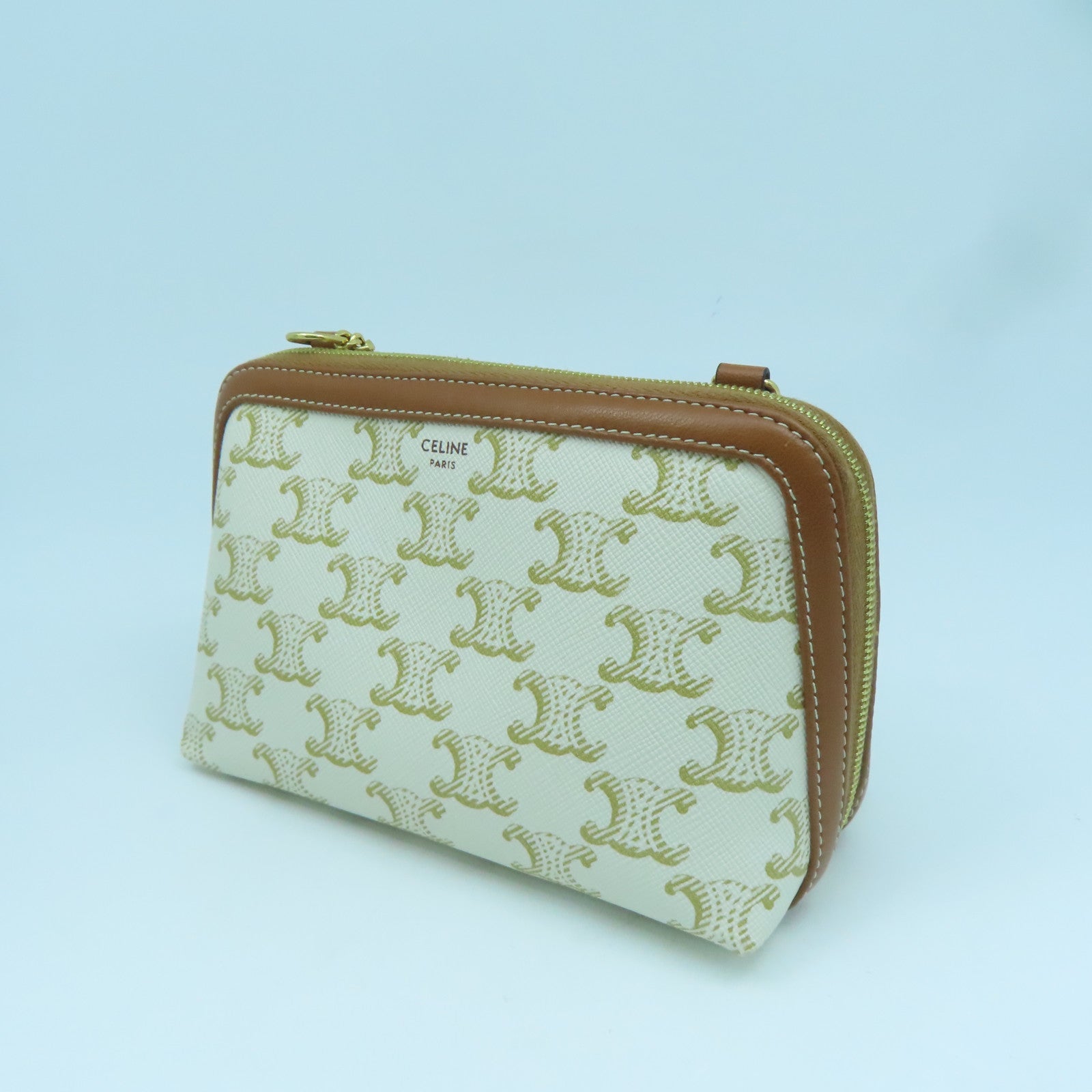CELINE Coated Canvas Triomphe Gold Buckle Shoulder Bag White