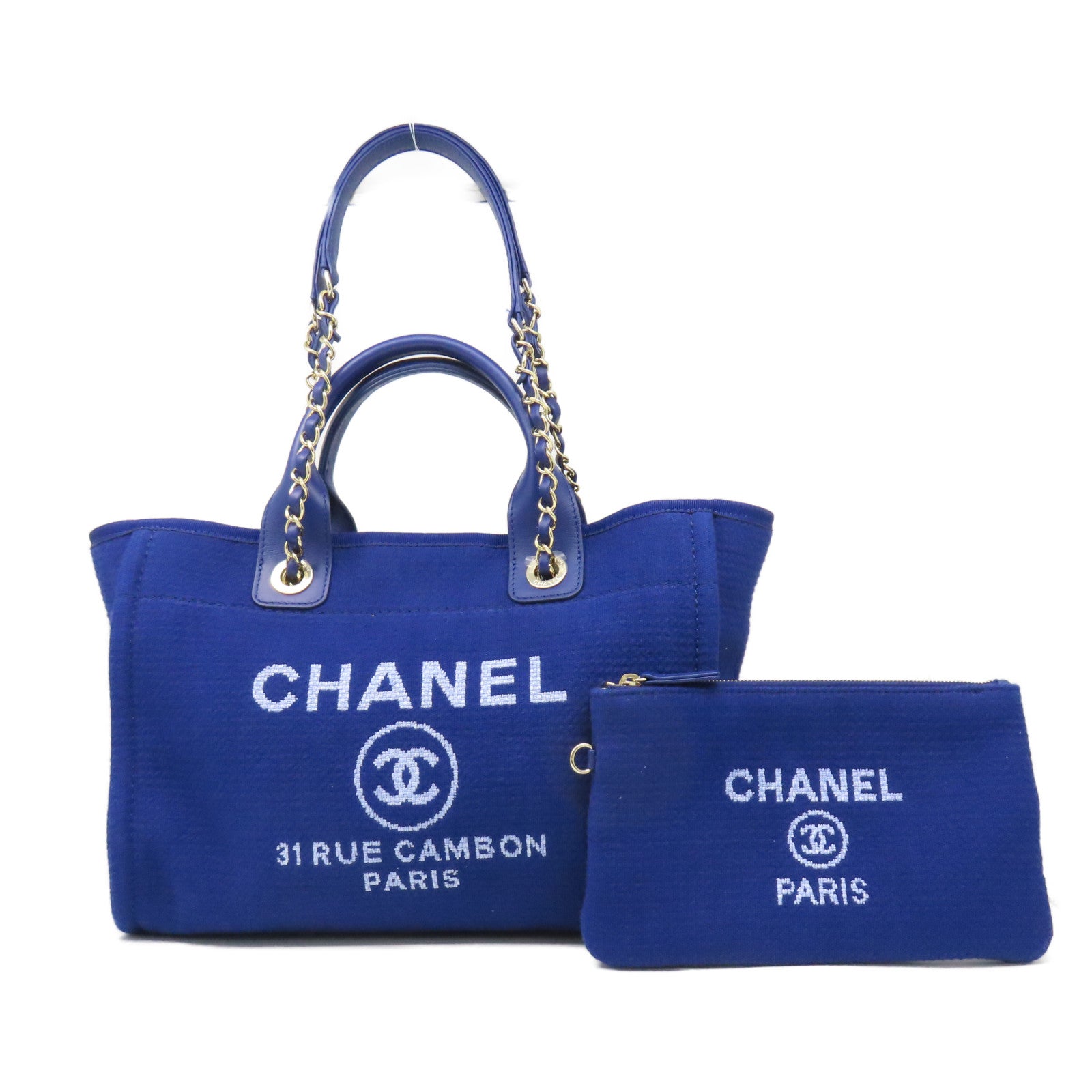 CHANEL 帆布Deauville銀扣手挽肩背兩用袋藍色