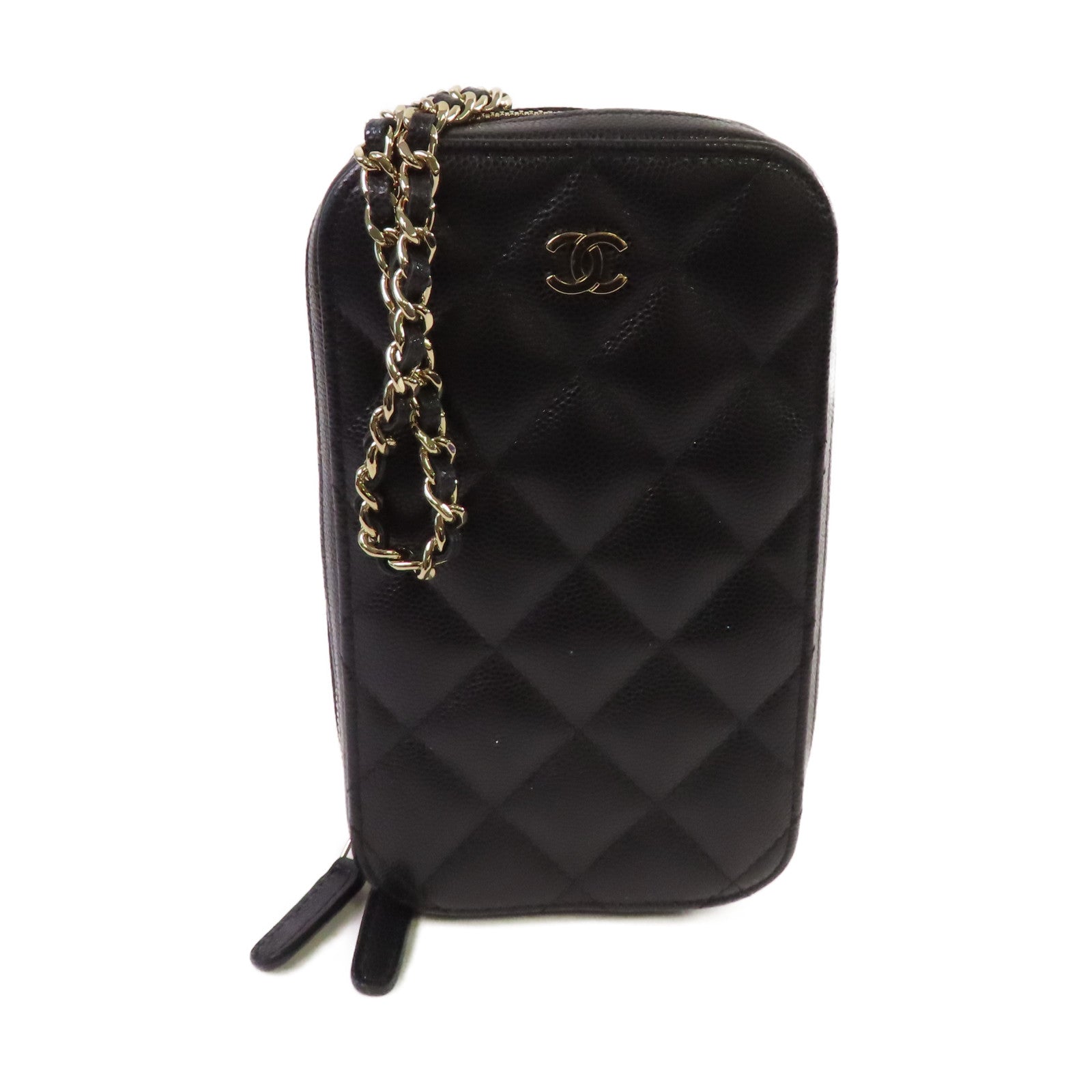 CHANEL 菱格Caviar皮革Phone Shoulder Bag金扣鏈帶肩背袋黑色