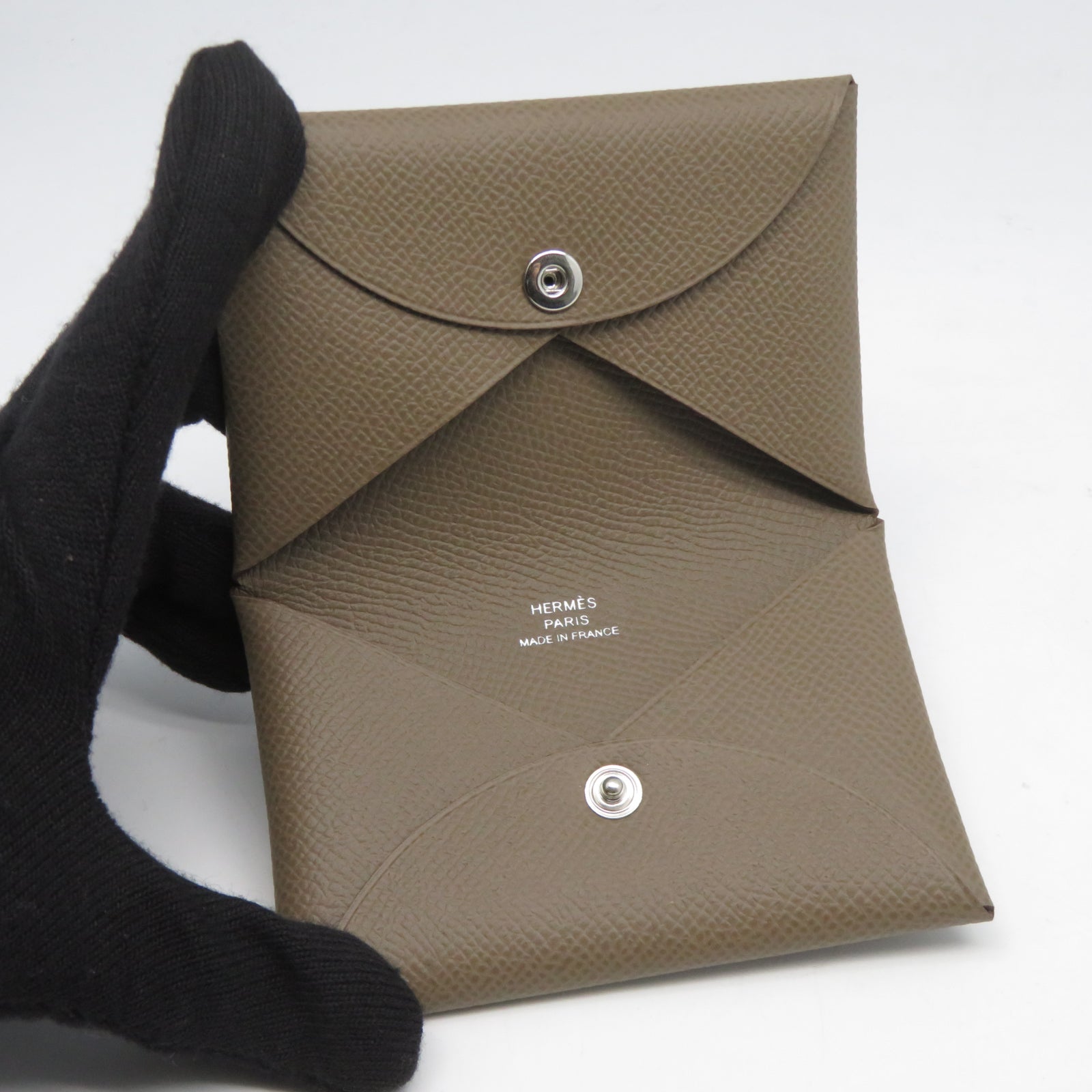 HERMES Epsom皮革Calvi銀扣卡片套Etoupe大象灰色