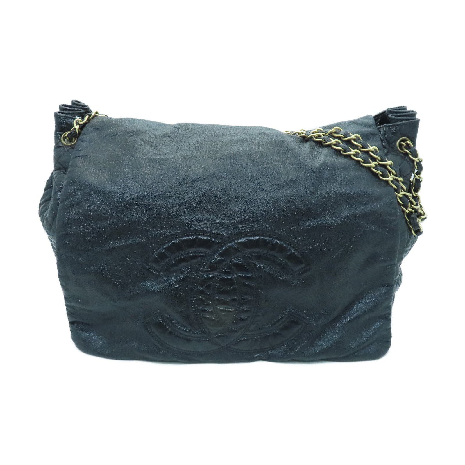 CHANEL coated canvas Chain Shoulder Bag gold buckle chain shoulder bag black