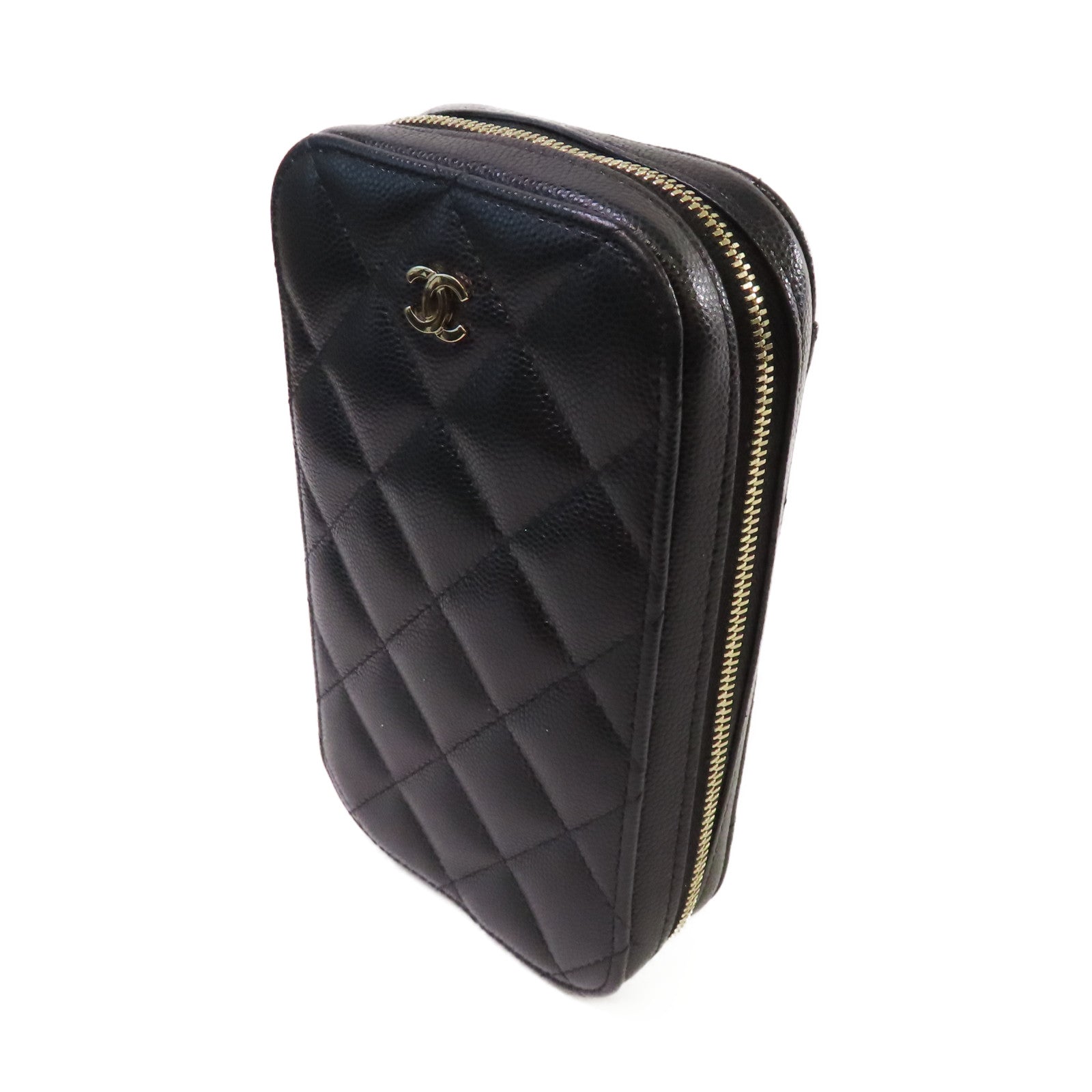 CHANEL 菱格Caviar皮革Phone Shoulder Bag金扣鏈帶肩背袋黑色