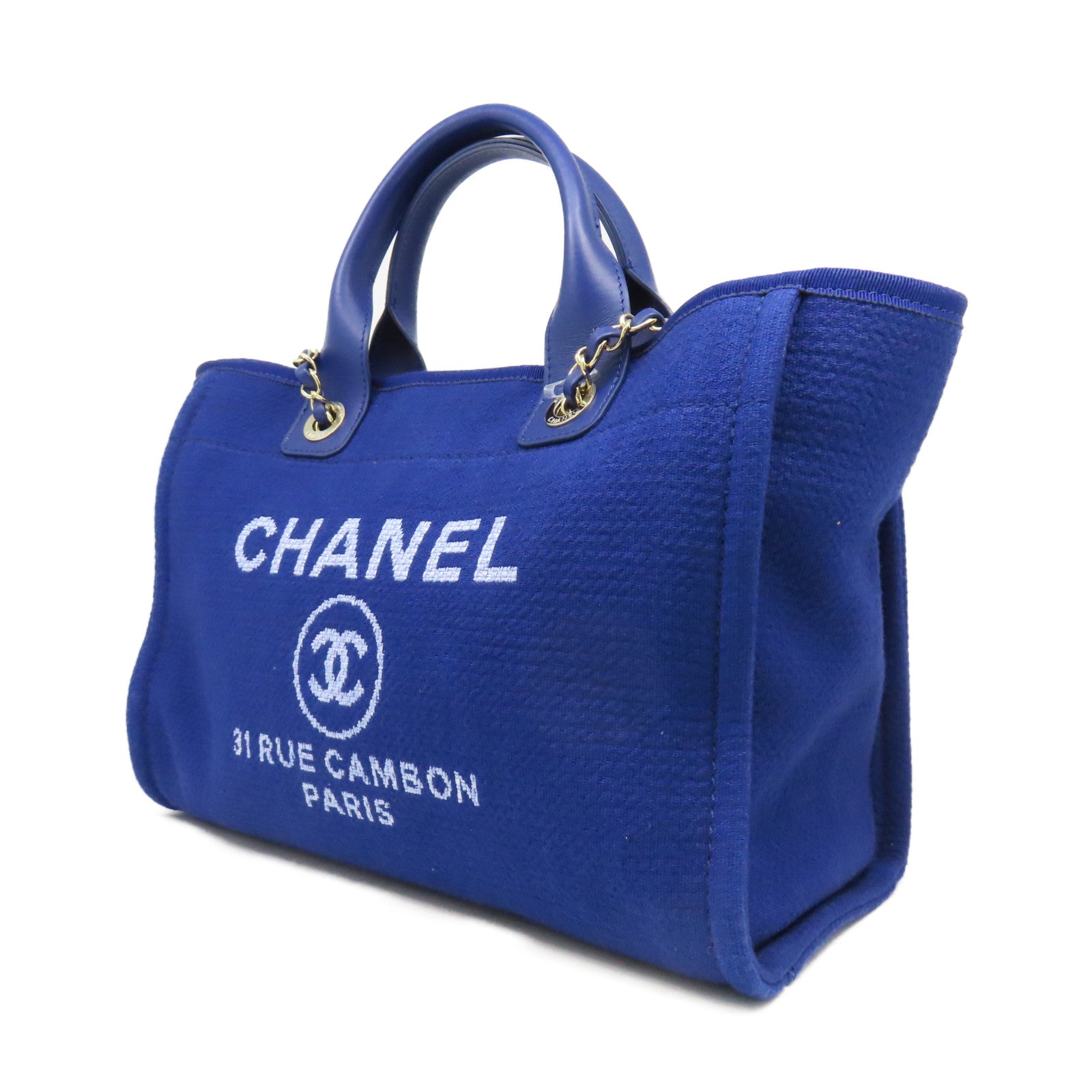 CHANEL 帆布Deauville銀扣手挽肩背兩用袋藍色
