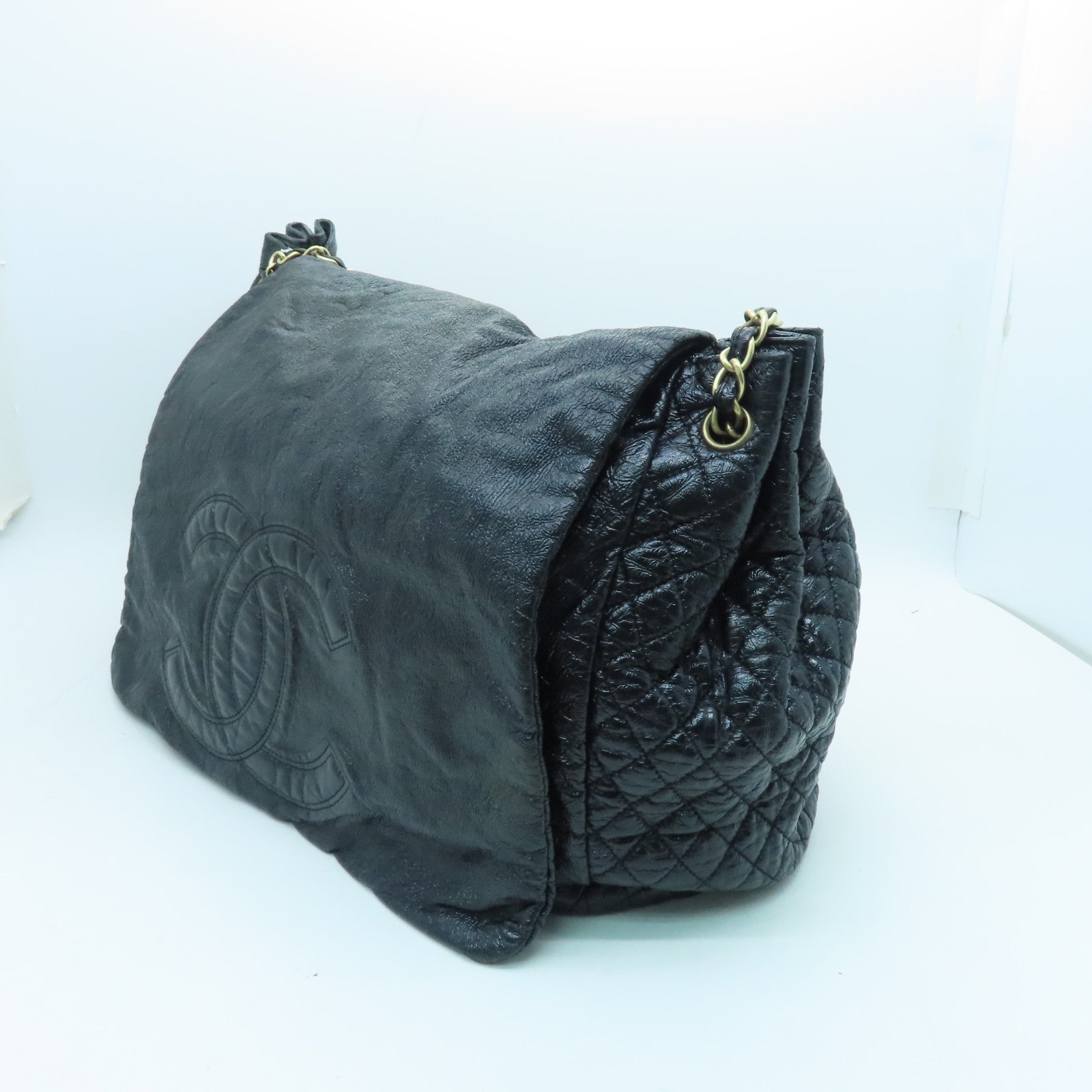 CHANEL coated canvas Chain Shoulder Bag gold buckle chain shoulder bag black