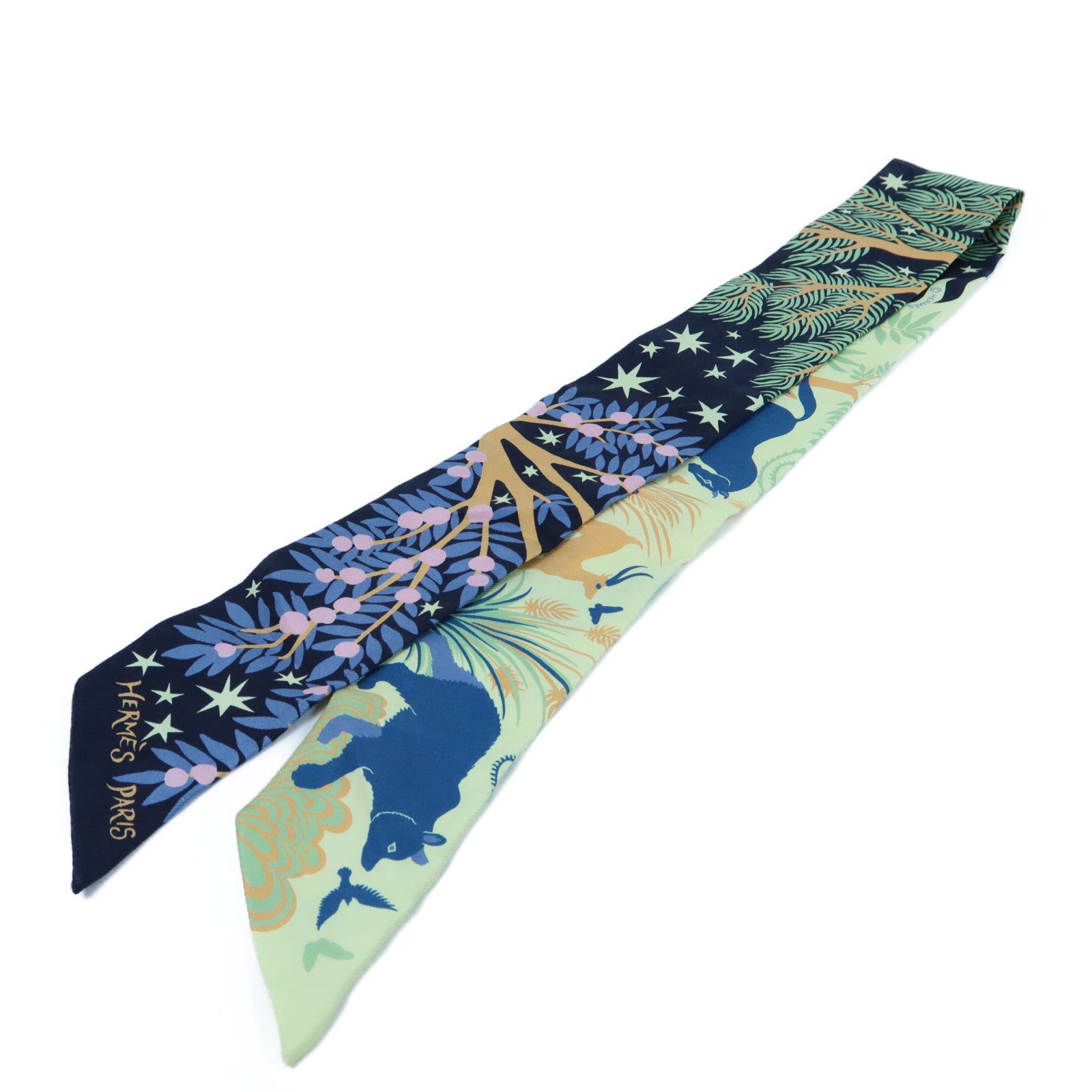 HERMES 絲質Twilly Scarf絲巾藍色/黃色