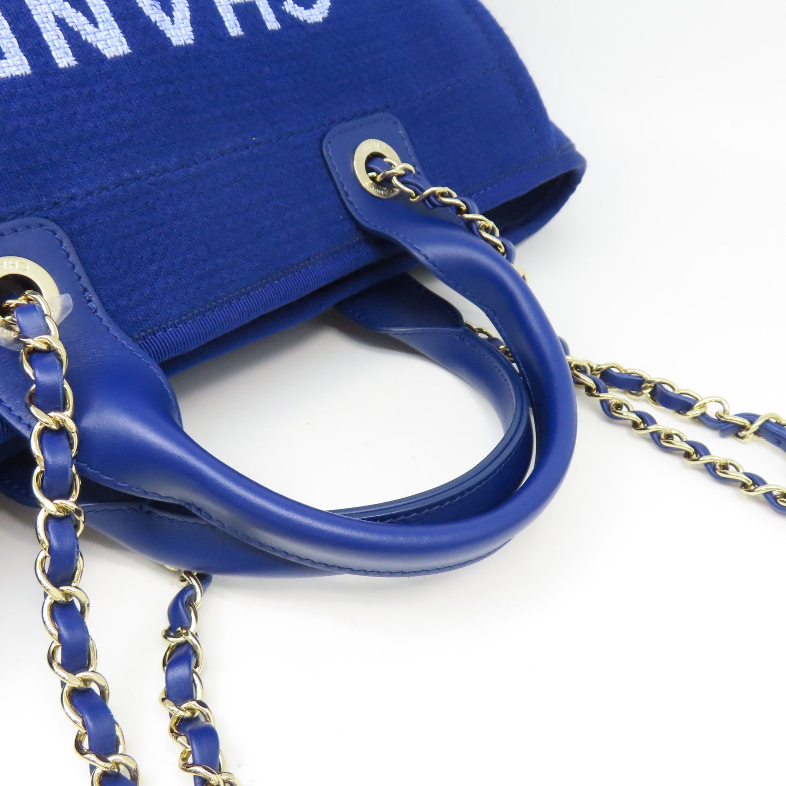 CHANEL 帆布Deauville銀扣手挽肩背兩用袋藍色