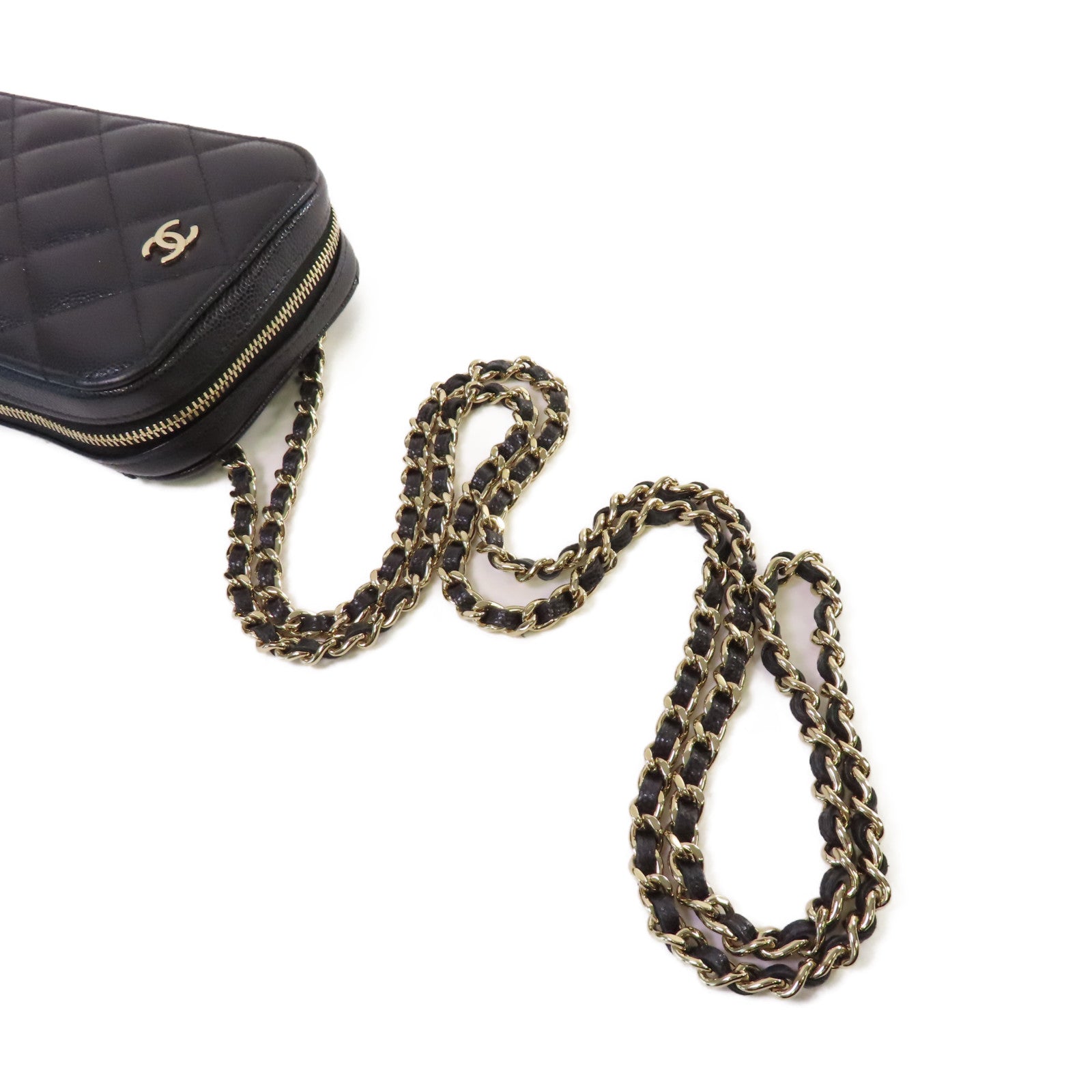 CHANEL 菱格Caviar皮革Phone Shoulder Bag金扣鏈帶肩背袋黑色