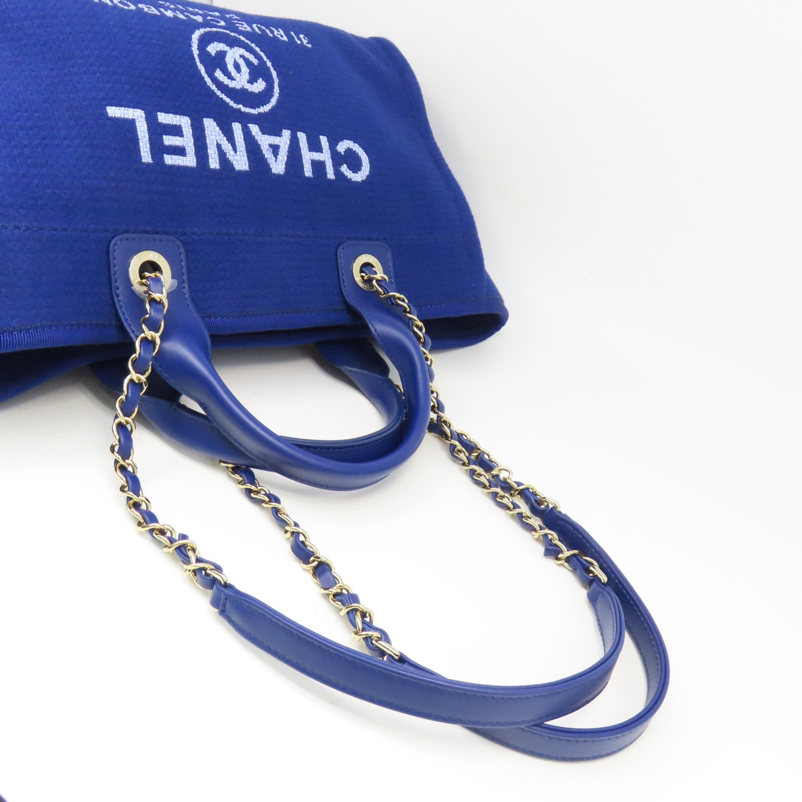 CHANEL 帆布Deauville銀扣手挽肩背兩用袋藍色
