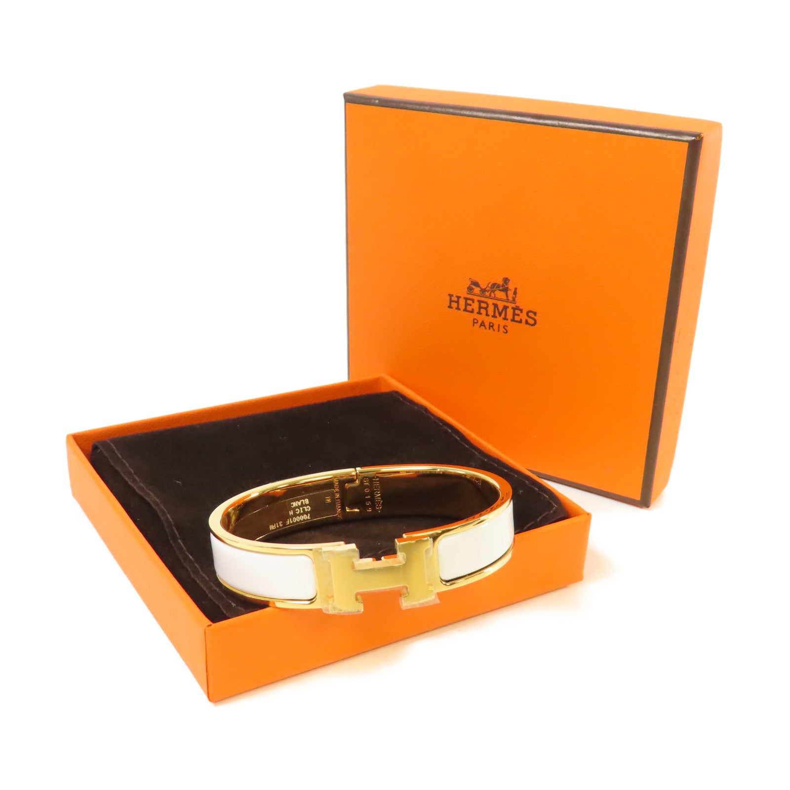 HERMES 金屬/琺瑯Clic H Bracelet金扣手鐲Blanc白色/金色