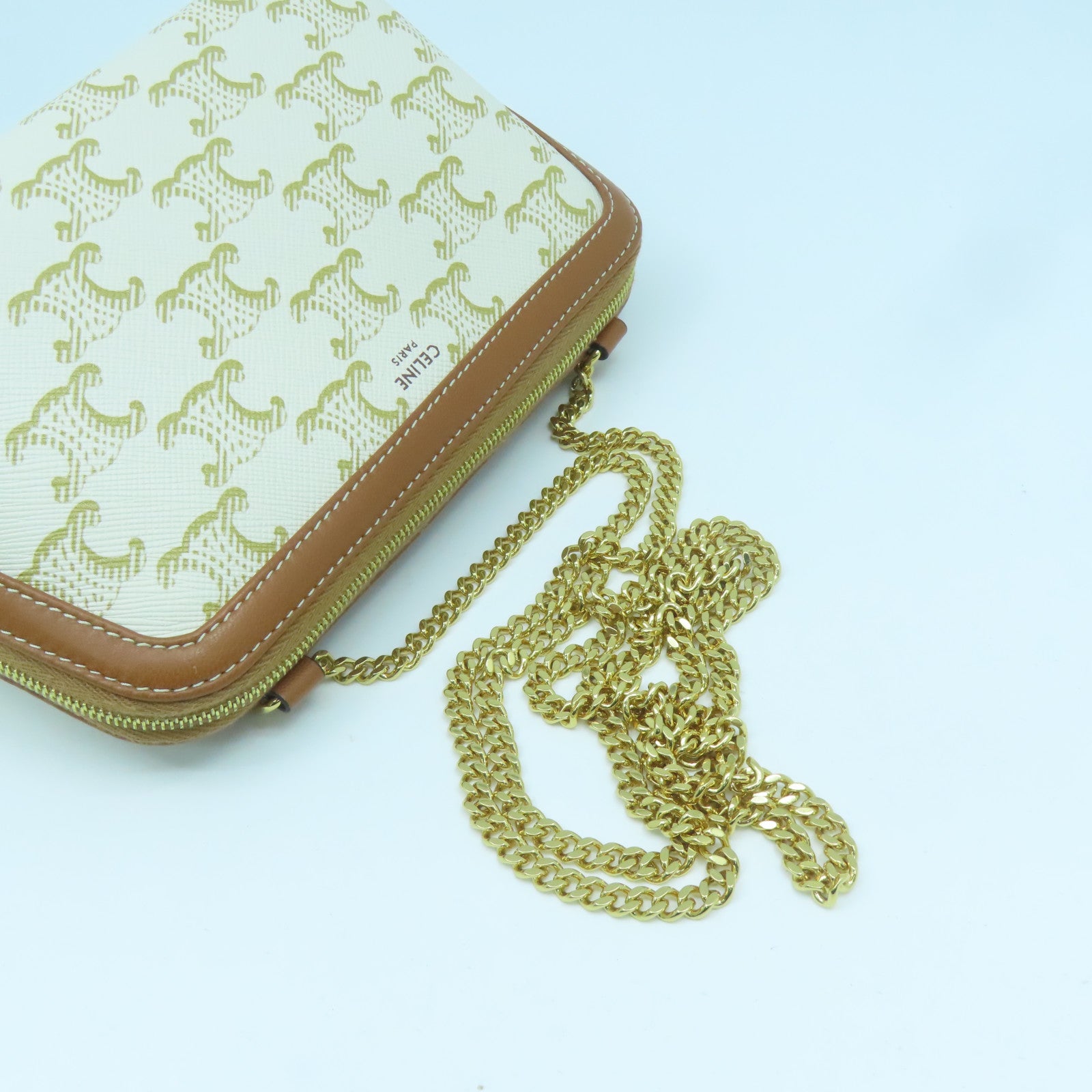 CELINE Coated Canvas Triomphe Gold Buckle Shoulder Bag White