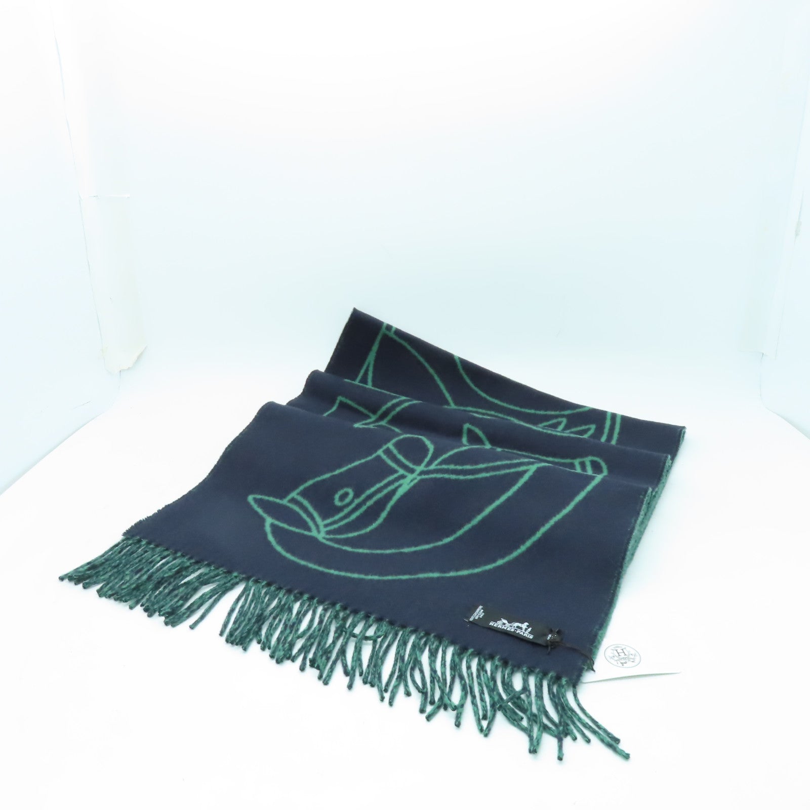 HERMES 羊絨Casaque Entrelacs Equestres Muffler圍巾深藍色/綠色