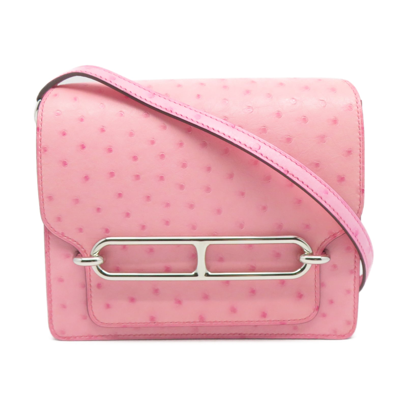 HERMES 鴕鳥皮革Mini Roulis銀扣肩背袋Rose bubblegum泡泡粉色