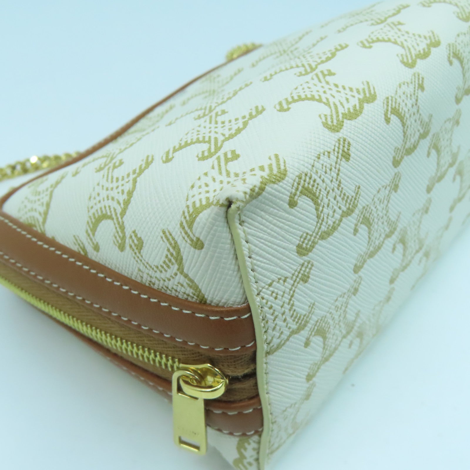 CELINE Coated Canvas Triomphe Gold Buckle Shoulder Bag White