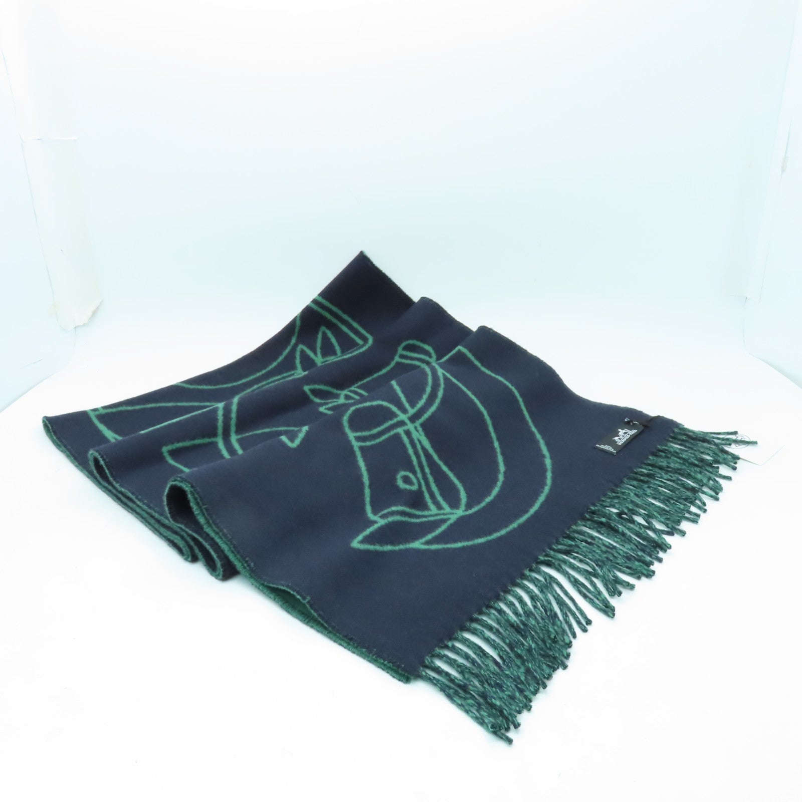HERMES 羊絨Casaque Entrelacs Equestres Muffler圍巾深藍色/綠色