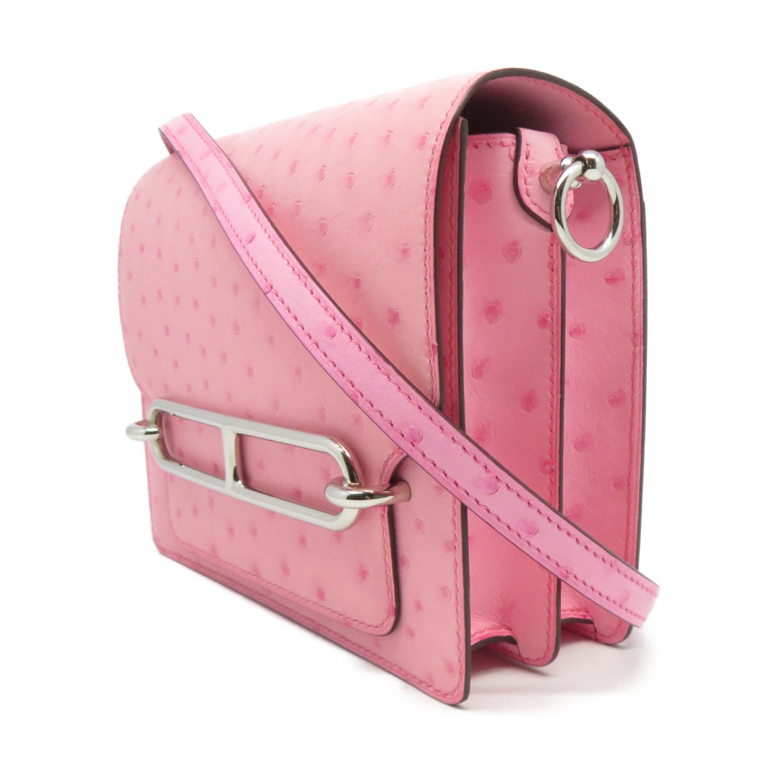 HERMES 鴕鳥皮革Mini Roulis銀扣肩背袋Rose bubblegum泡泡粉色