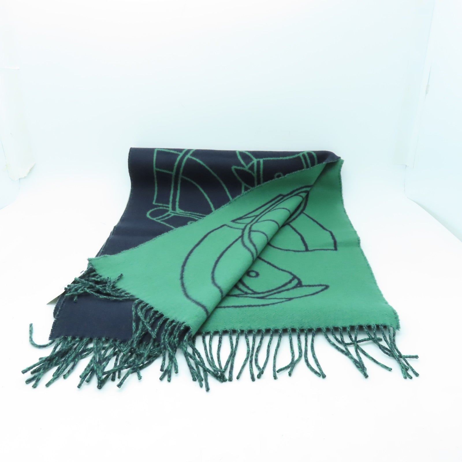 HERMES 羊絨Casaque Entrelacs Equestres Muffler圍巾深藍色/綠色