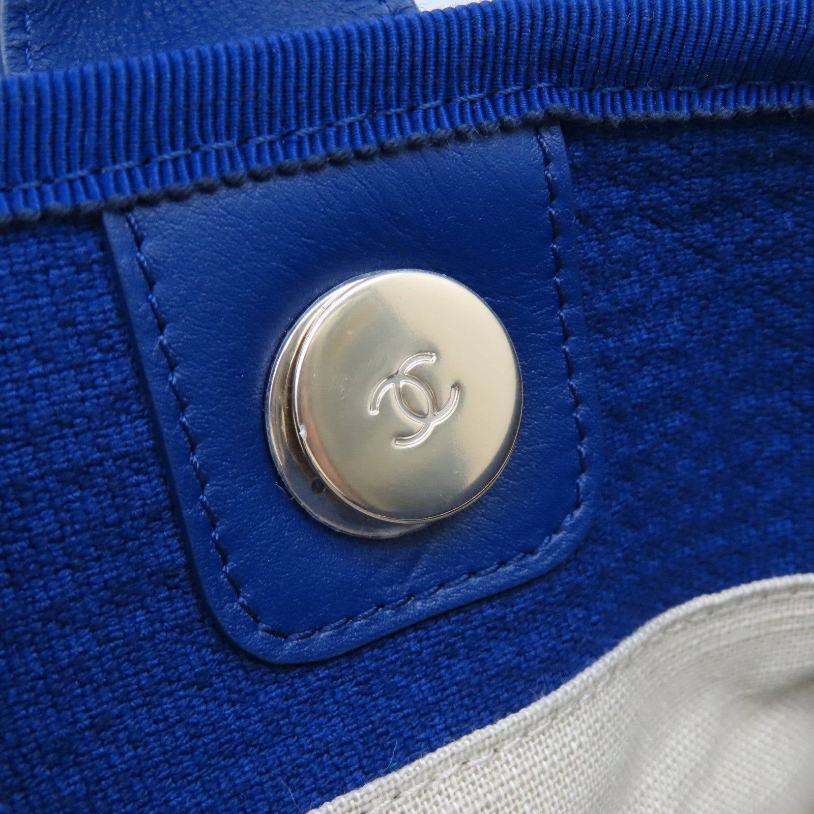 CHANEL 帆布Deauville銀扣手挽肩背兩用袋藍色
