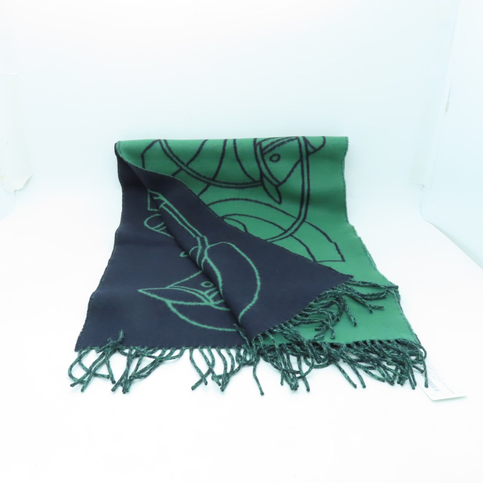 HERMES 羊絨Casaque Entrelacs Equestres Muffler圍巾深藍色/綠色