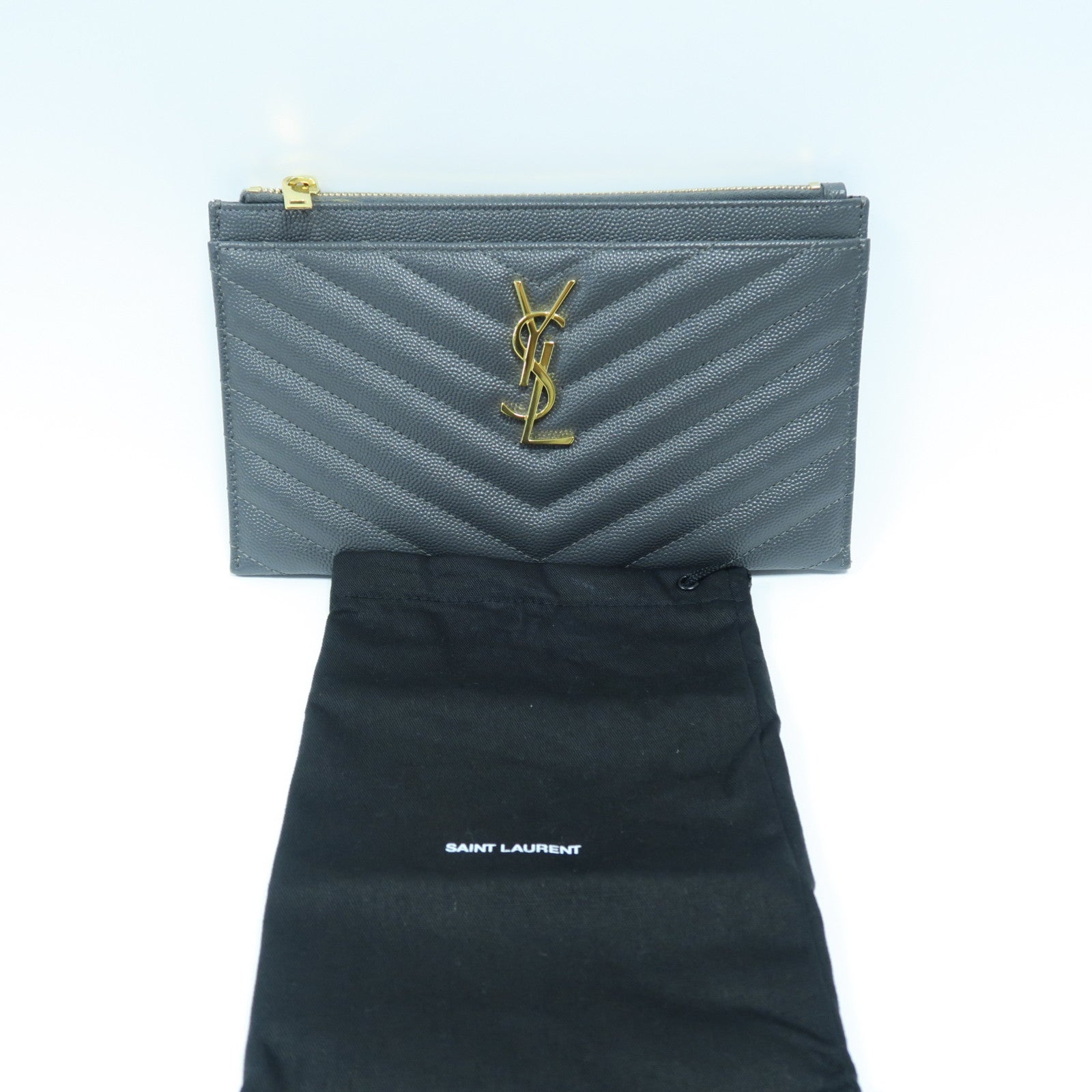 SAINT LAURENT 斜紋牛皮皮革Pouch金扣手拿包灰色