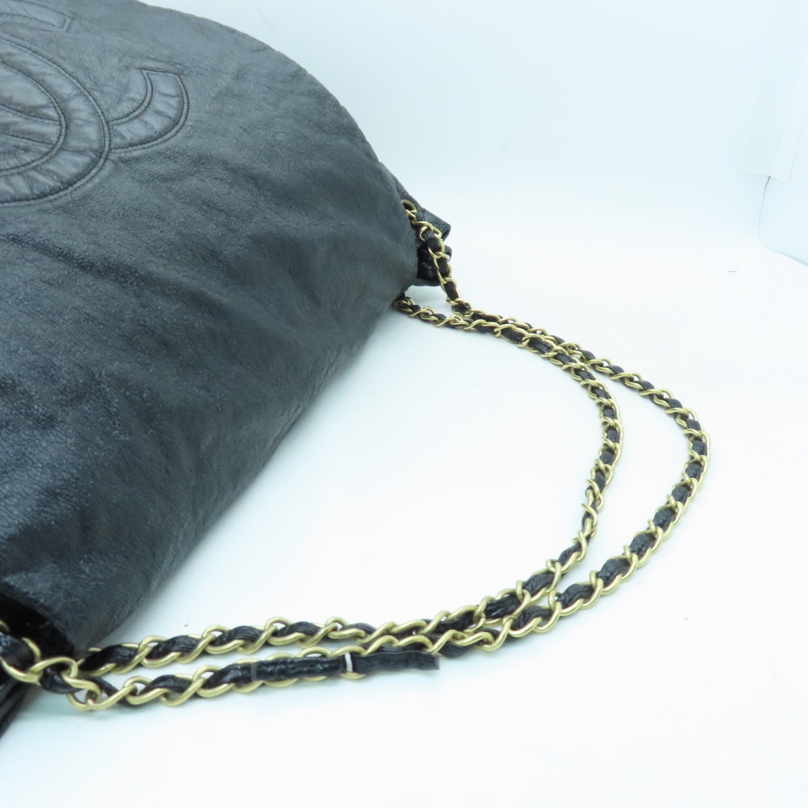 CHANEL coated canvas Chain Shoulder Bag gold buckle chain shoulder bag black