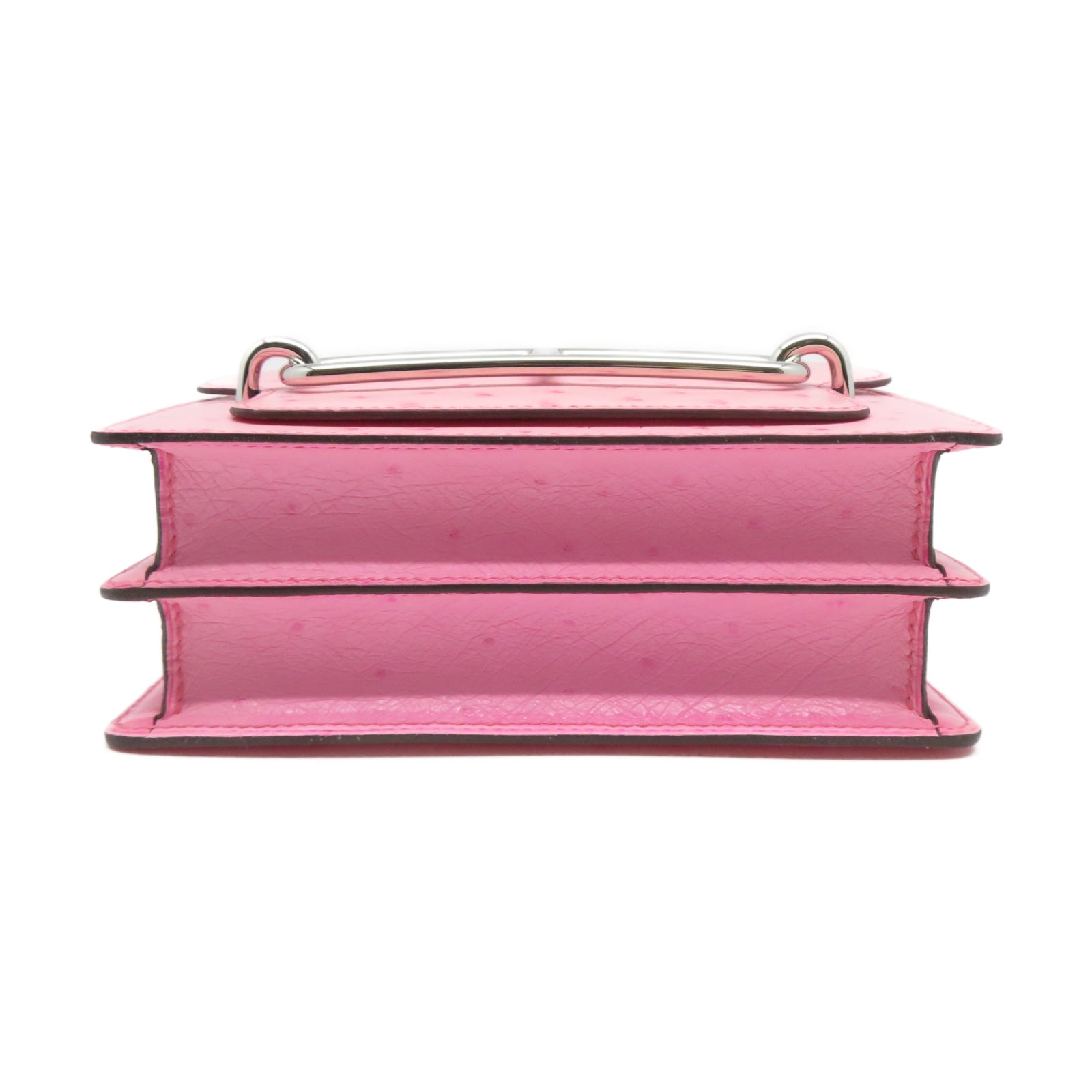 HERMES 鴕鳥皮革Mini Roulis銀扣肩背袋Rose bubblegum泡泡粉色