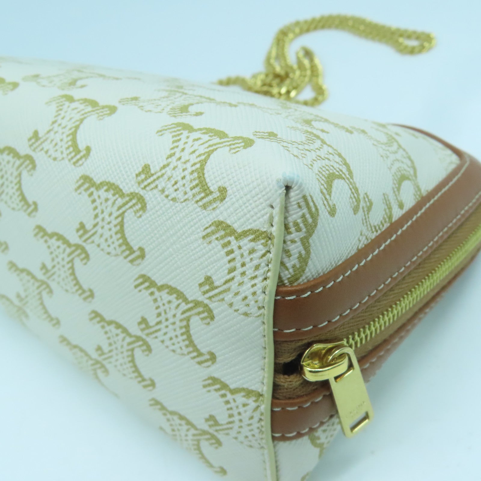 CELINE Coated Canvas Triomphe Gold Buckle Shoulder Bag White