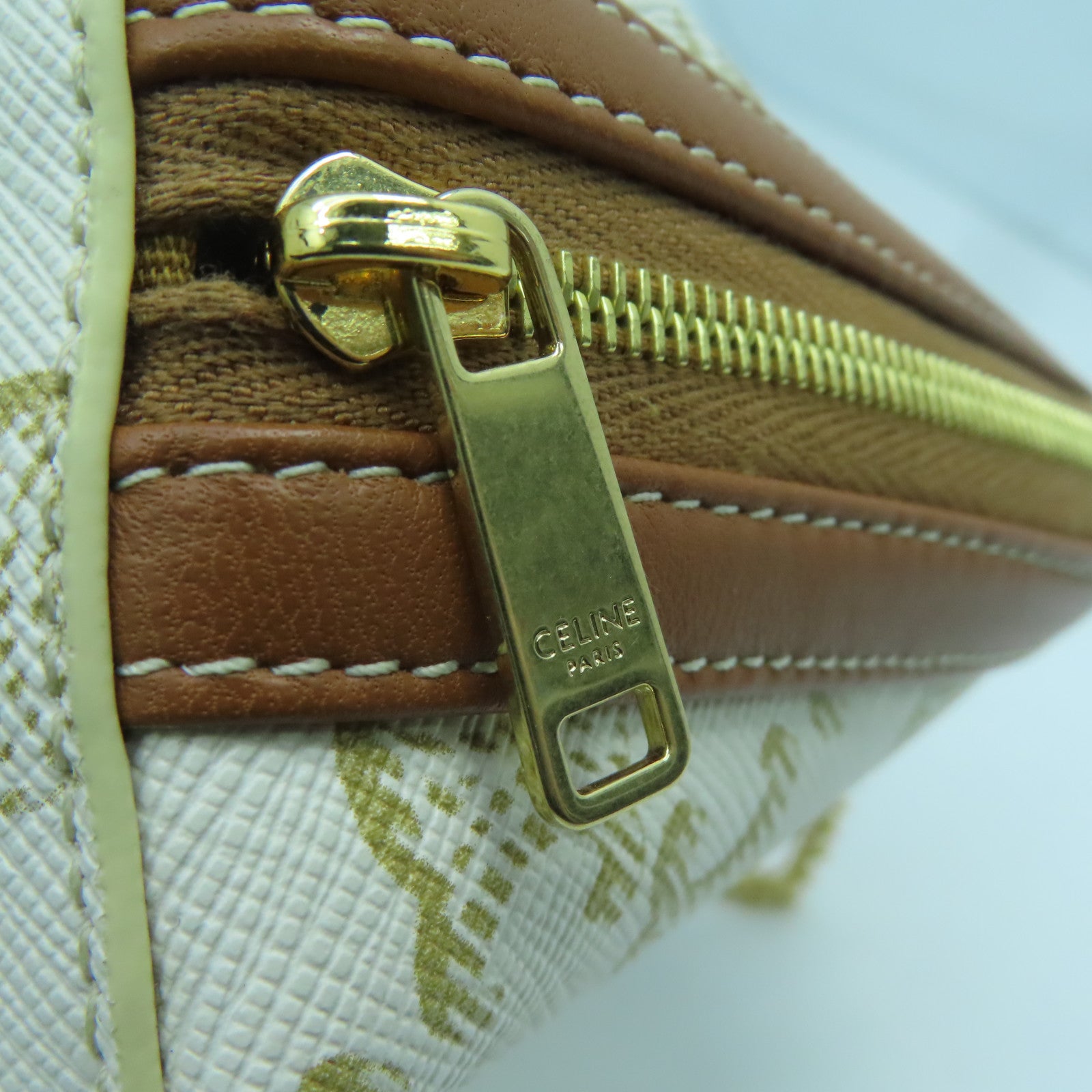 CELINE Coated Canvas Triomphe Gold Buckle Shoulder Bag White